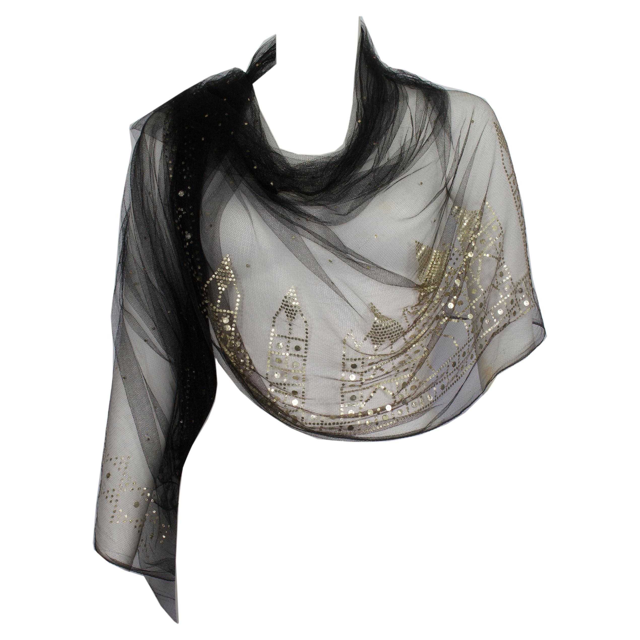 Mesh Tulle Shawl + Silver Sequin Details   For Sale