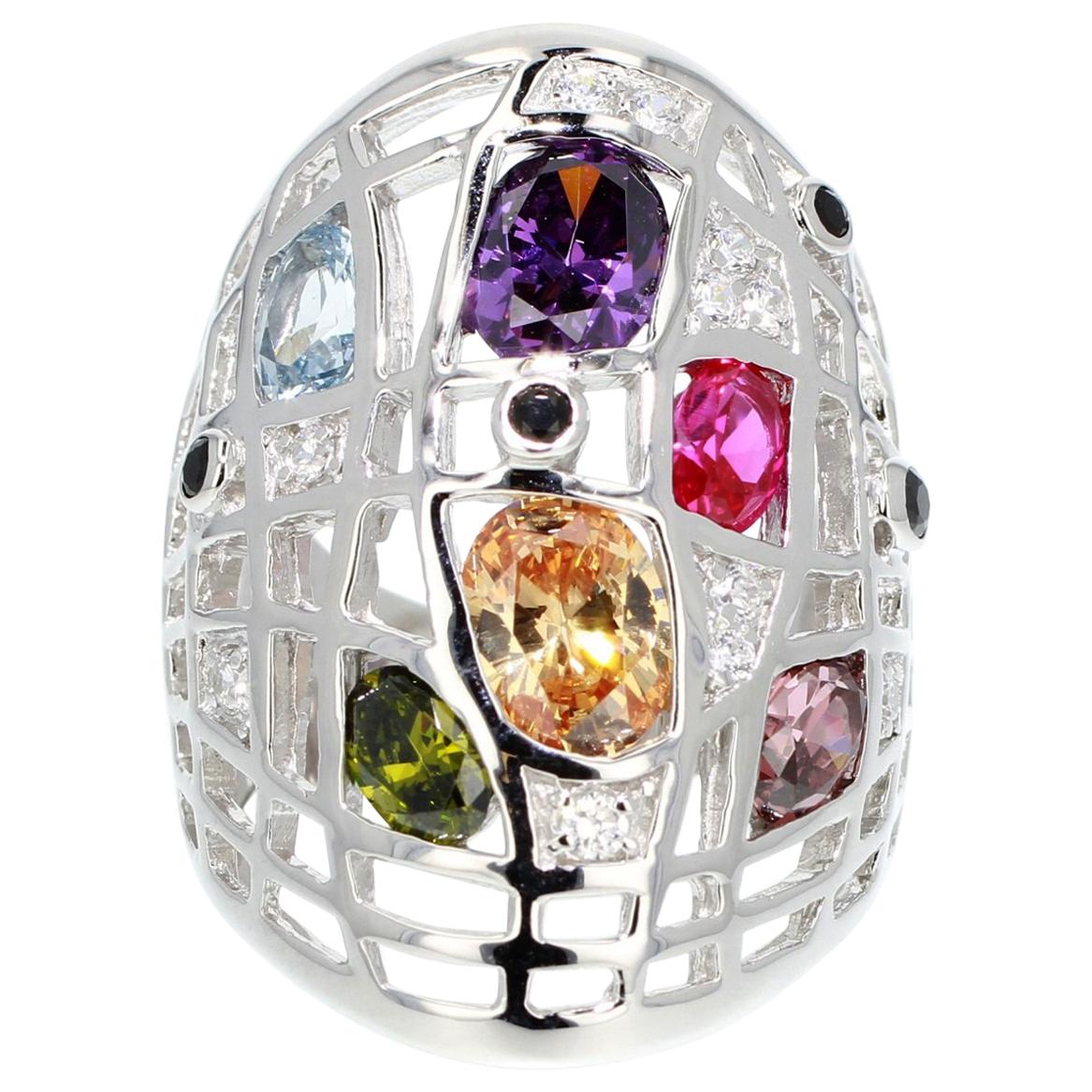 Fine Silver Multicolored Cocktail Ring by Feri For Sale