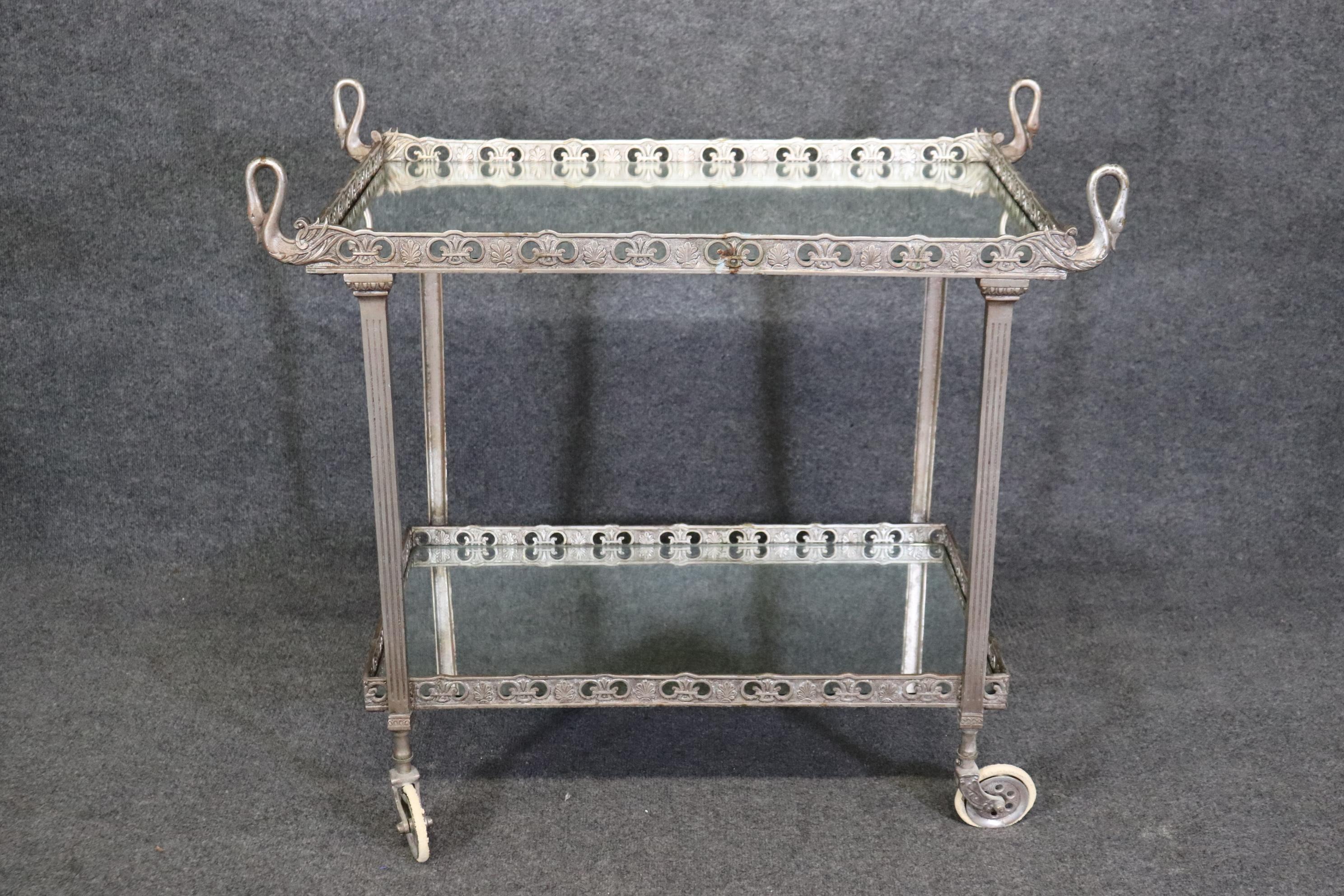Fine Silvered Metal Italian Swan Mirrored Tea Cart Liquor Trolley Bar Cart In Good Condition In Swedesboro, NJ