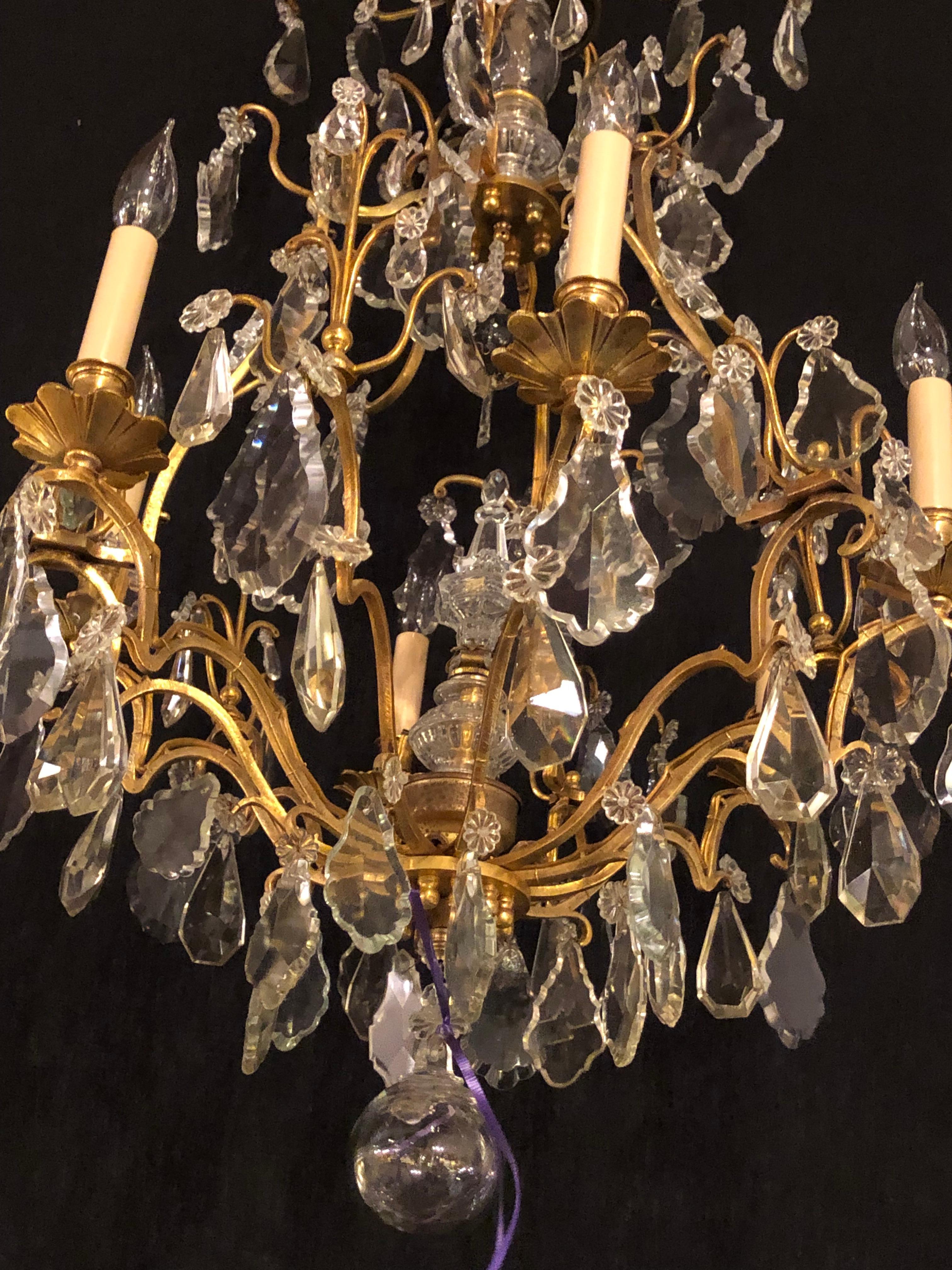 Mid-20th Century Fine Six-Light Cut Crystal and Brass Chandelier Newly Wired