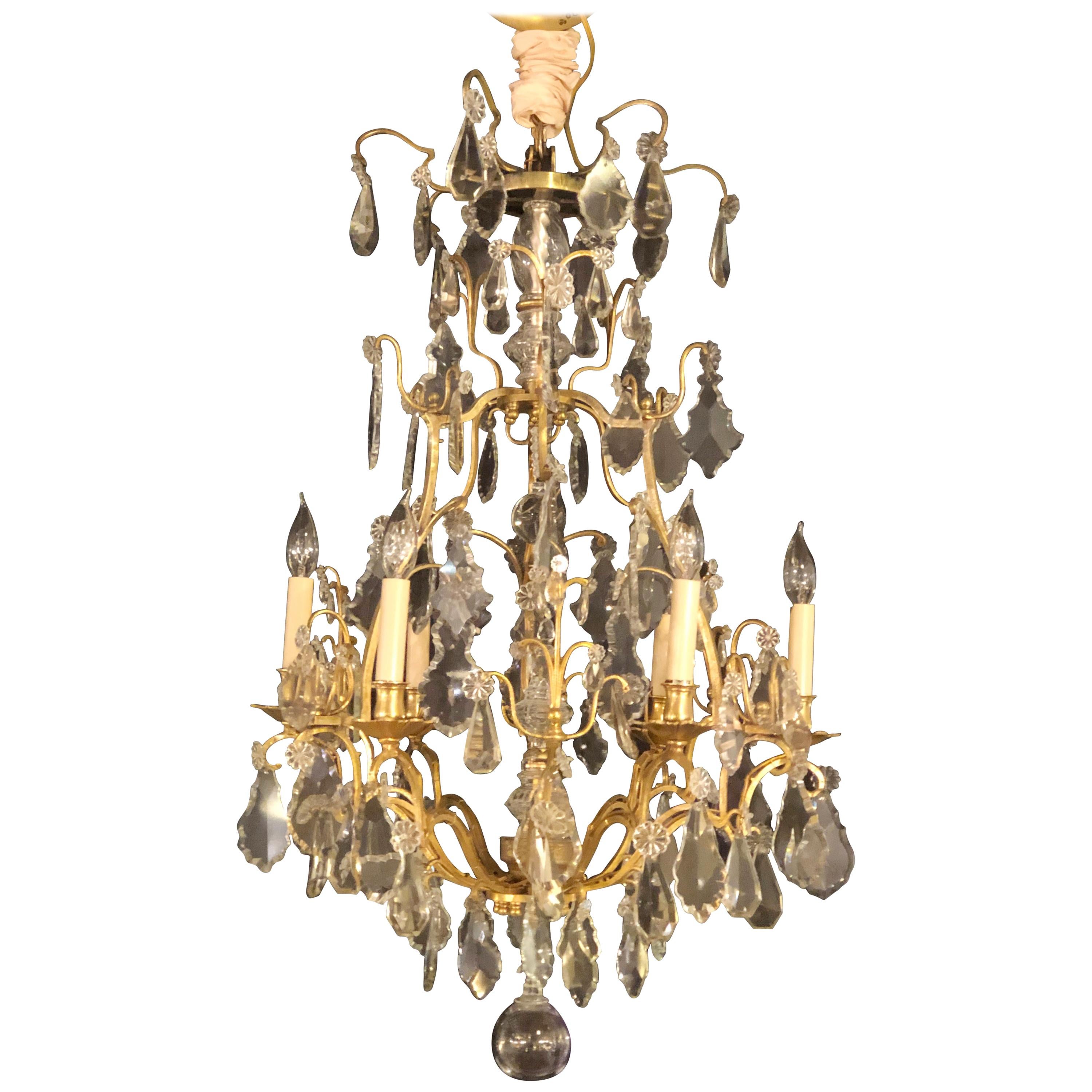 Fine Six-Light Cut Crystal and Brass Chandelier Newly Wired