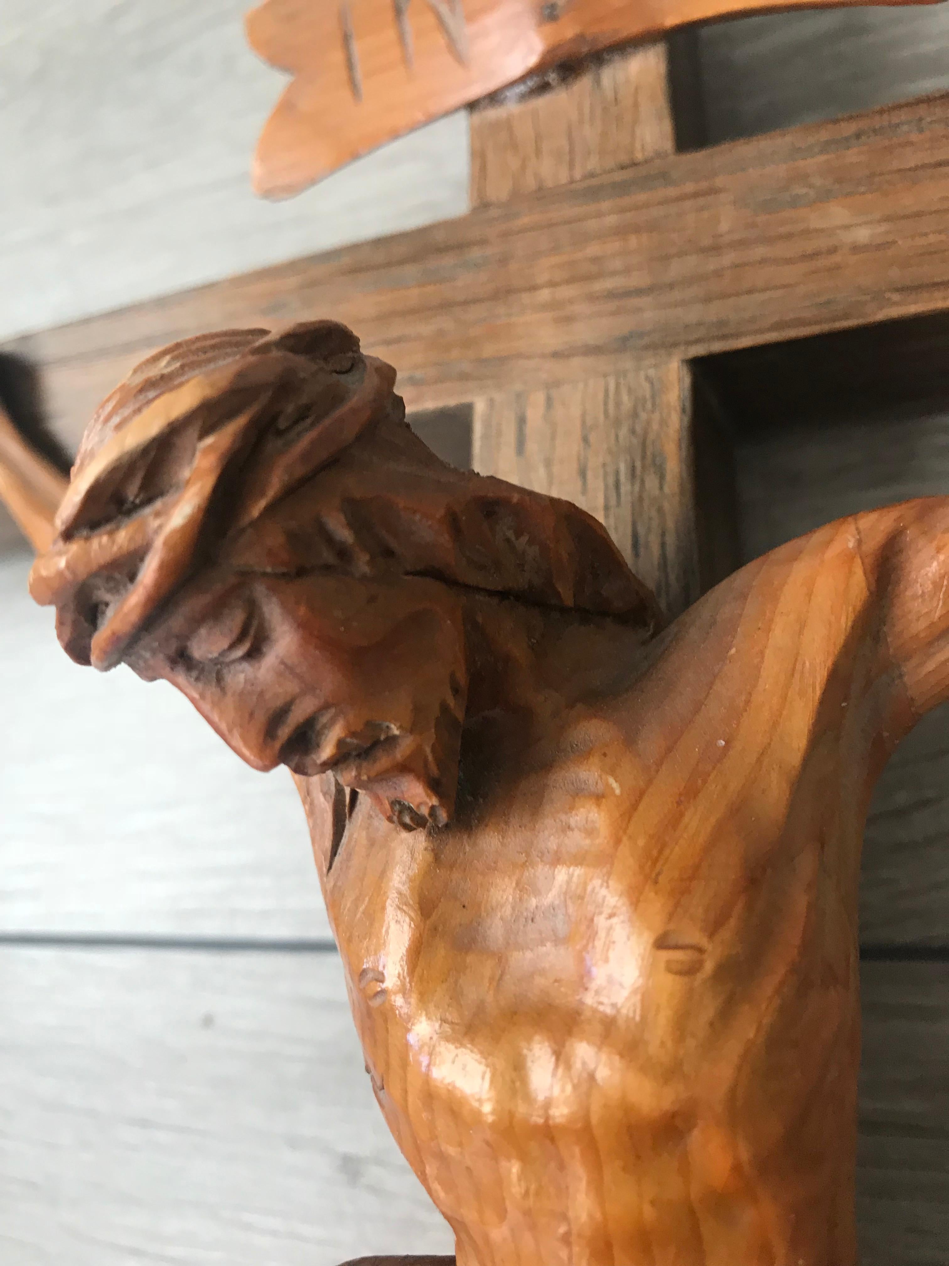 20th Century Small Size Antique Handcrafted and Carved Pine and Oak Home Wall Christ Crucifix For Sale