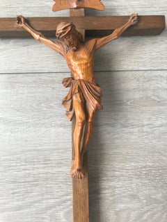 Small Size Antique Handcrafted and Carved Pine and Oak Home Wall Christ Crucifix