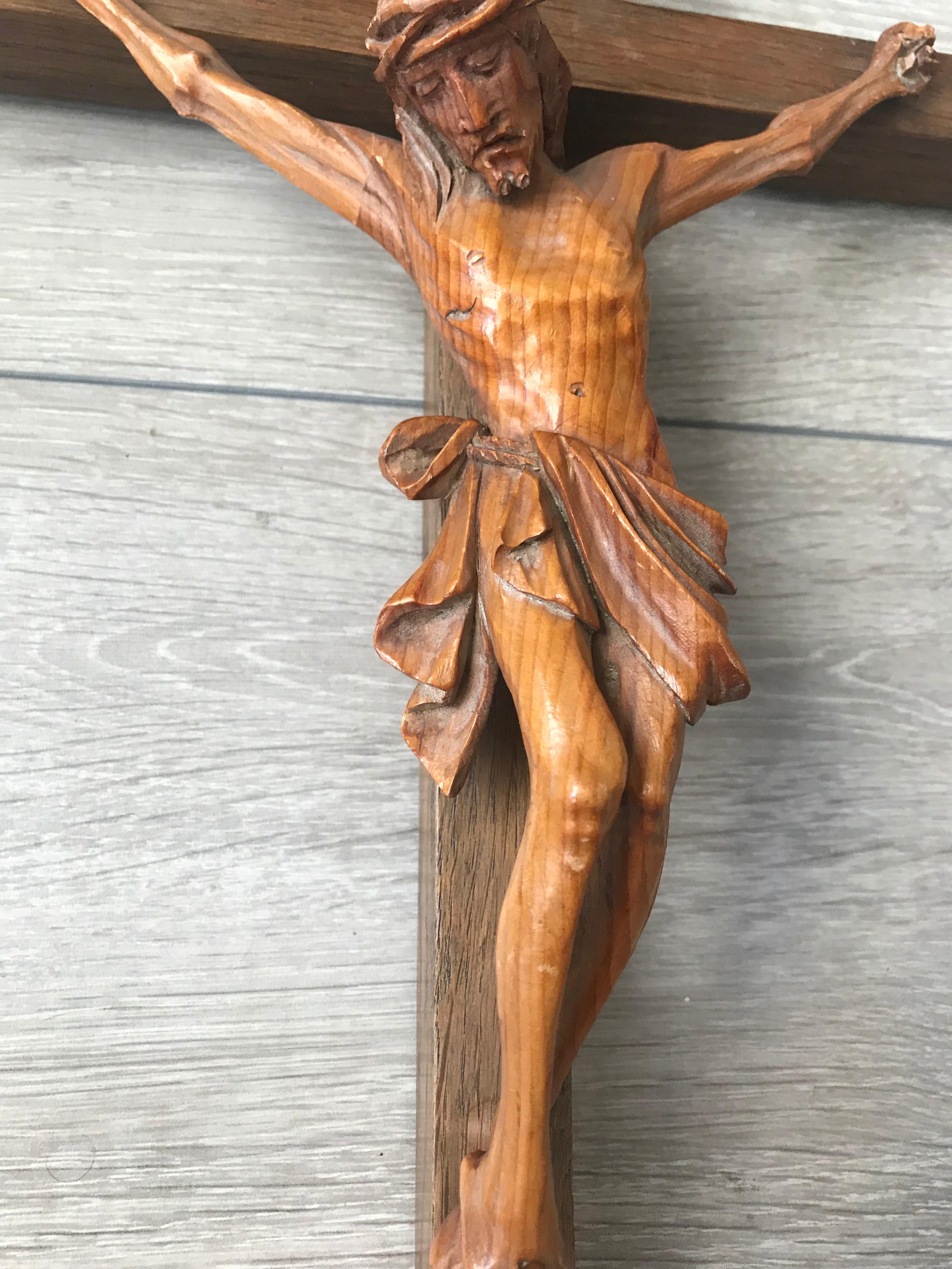 Arts and Crafts Small Size Antique Handcrafted and Carved Pine and Oak Home Wall Christ Crucifix For Sale