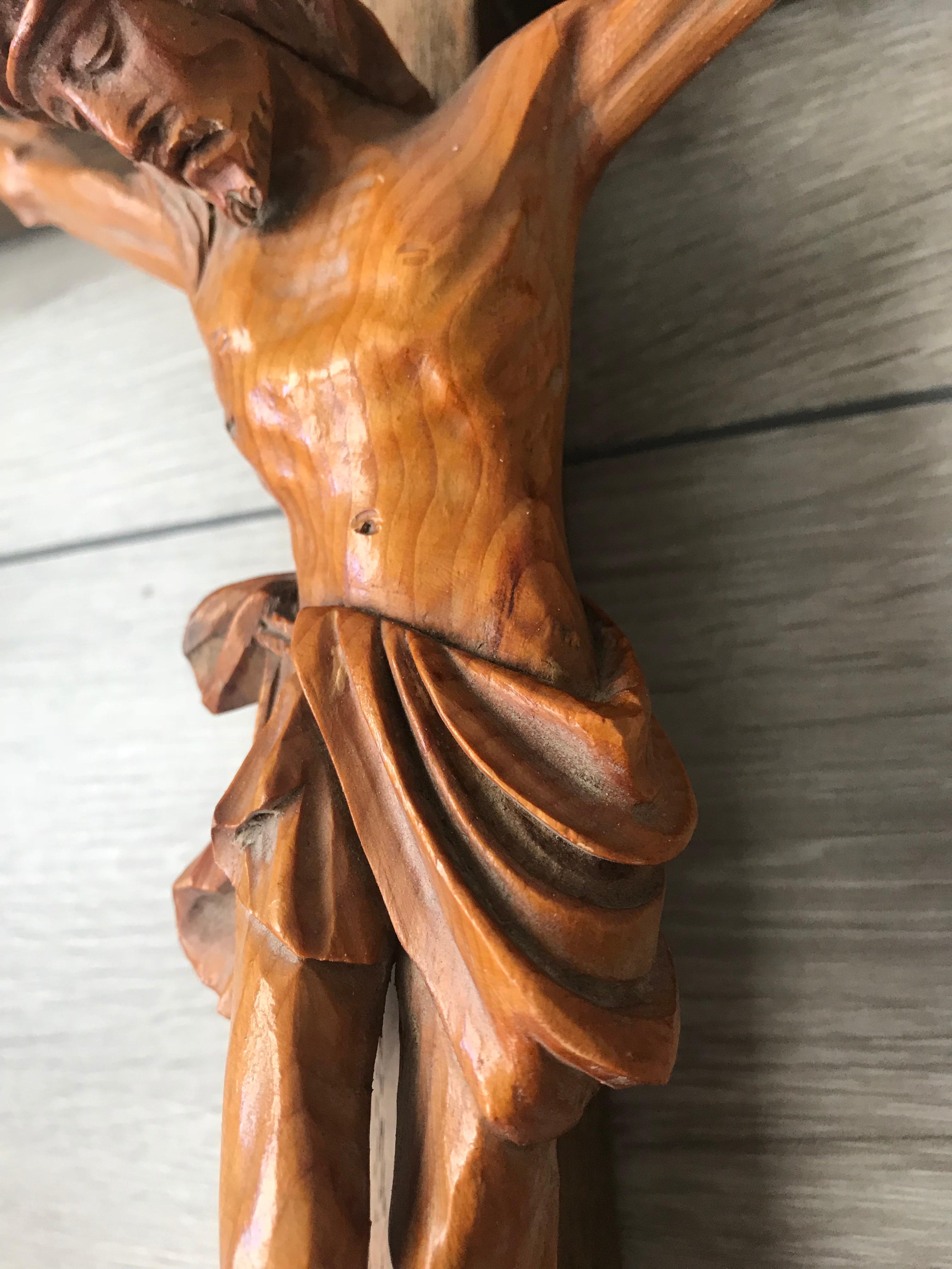 Hand-Carved Small Size Antique Handcrafted and Carved Pine and Oak Home Wall Christ Crucifix For Sale