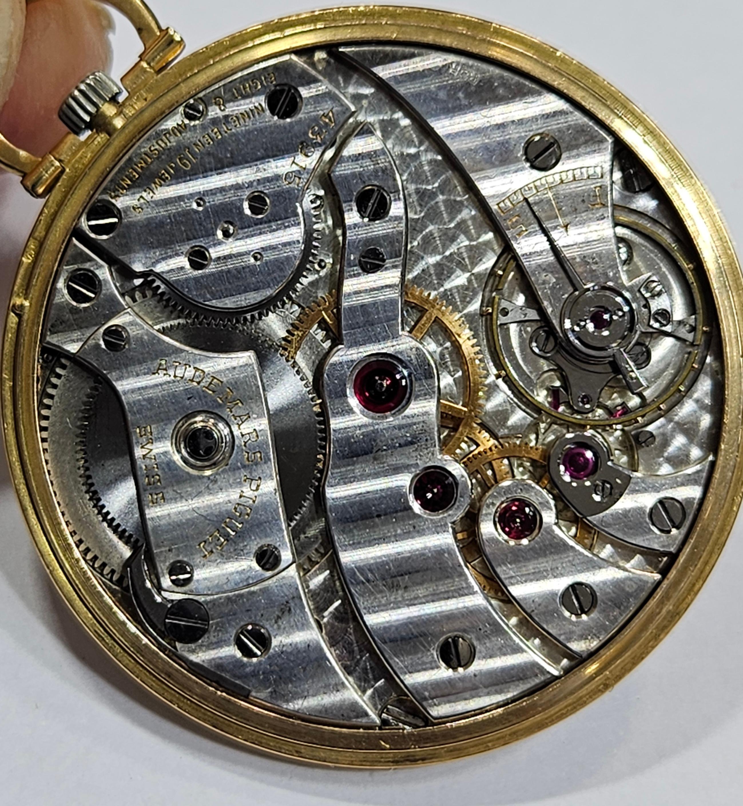 Fine Slim Vintage 18kt Yellow Gold Audemars Piguet Pocket Watch, 19 Jewels For Sale 2