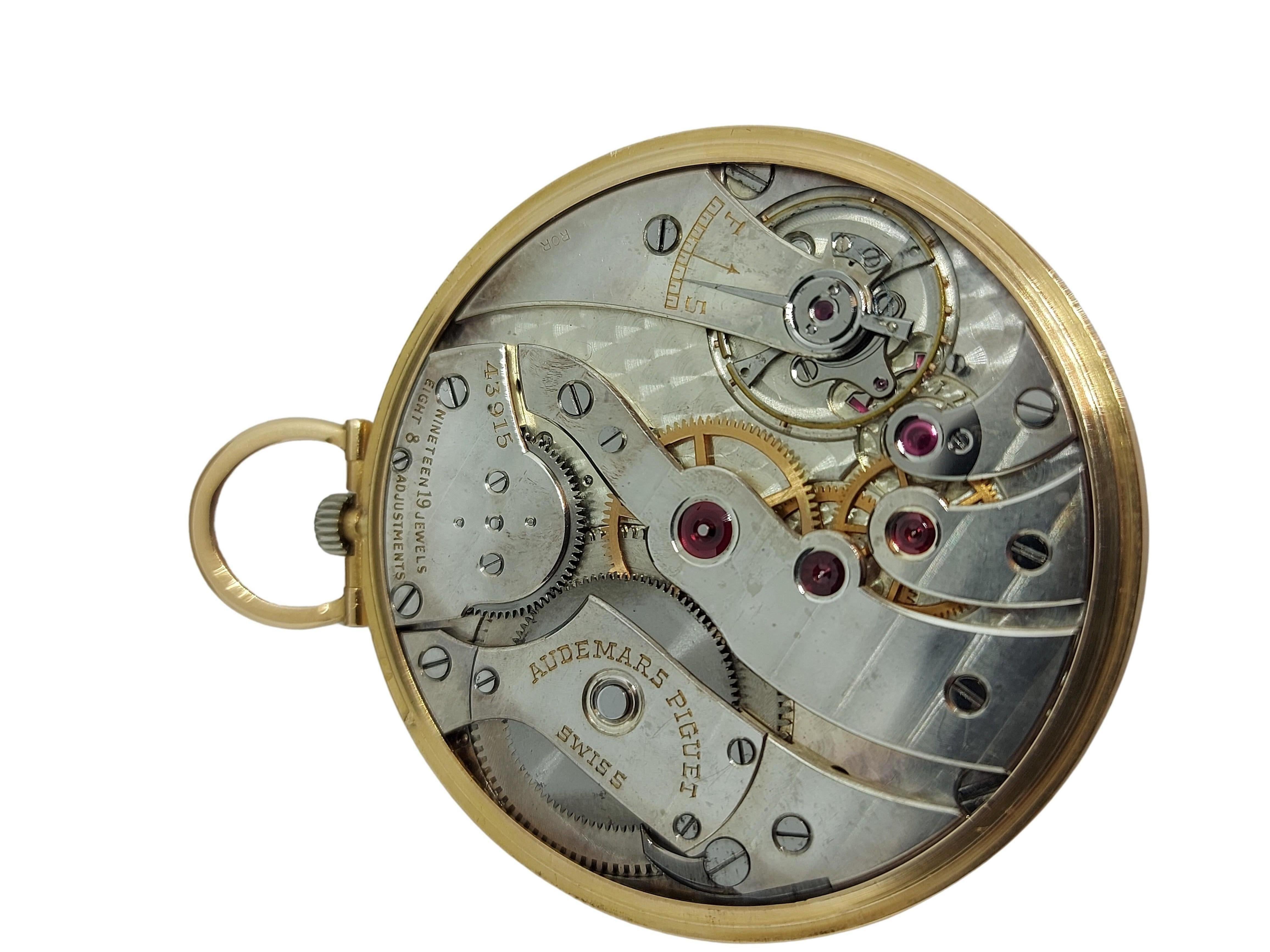 Fine Slim Vintage 18kt Yellow Gold Audemars Piguet Pocket Watch, 19 Jewels In Excellent Condition For Sale In Antwerp, BE