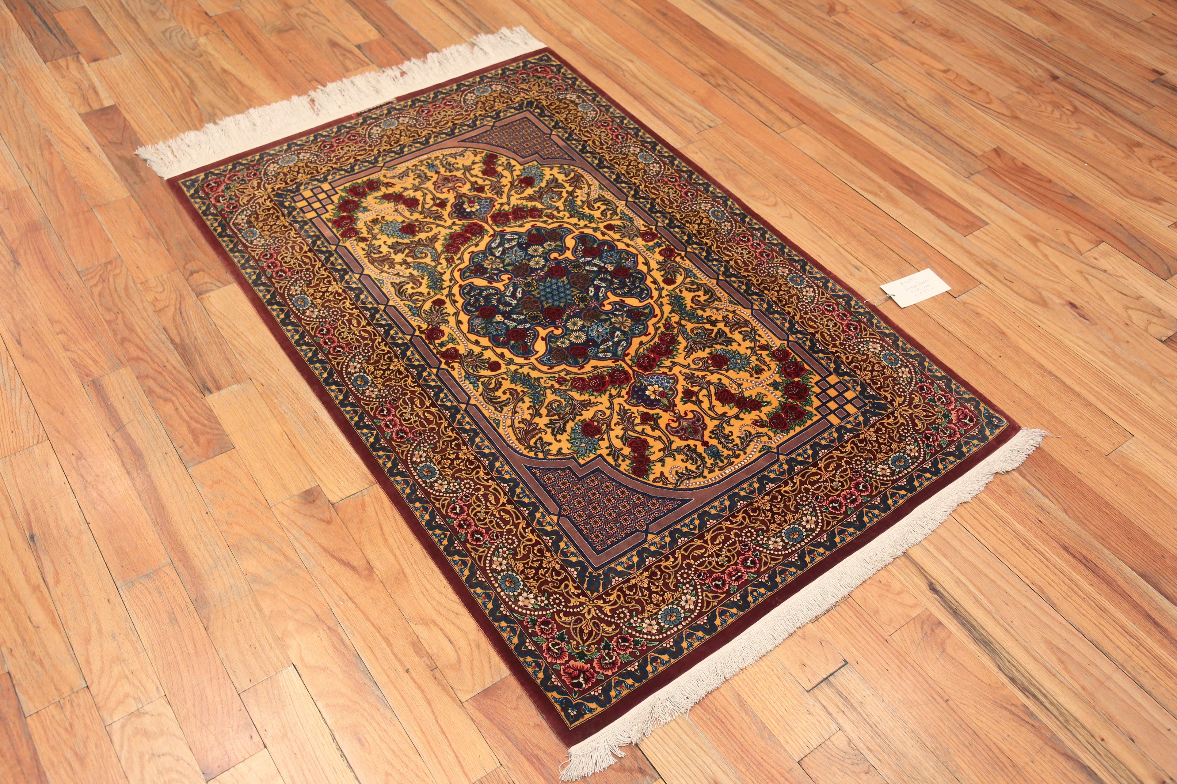 Fine Small Artistic Gold Color Luxurious Vintage Persian Silk Qum Rug, country of origin: Persian Rugs, Circa date: Vintage
