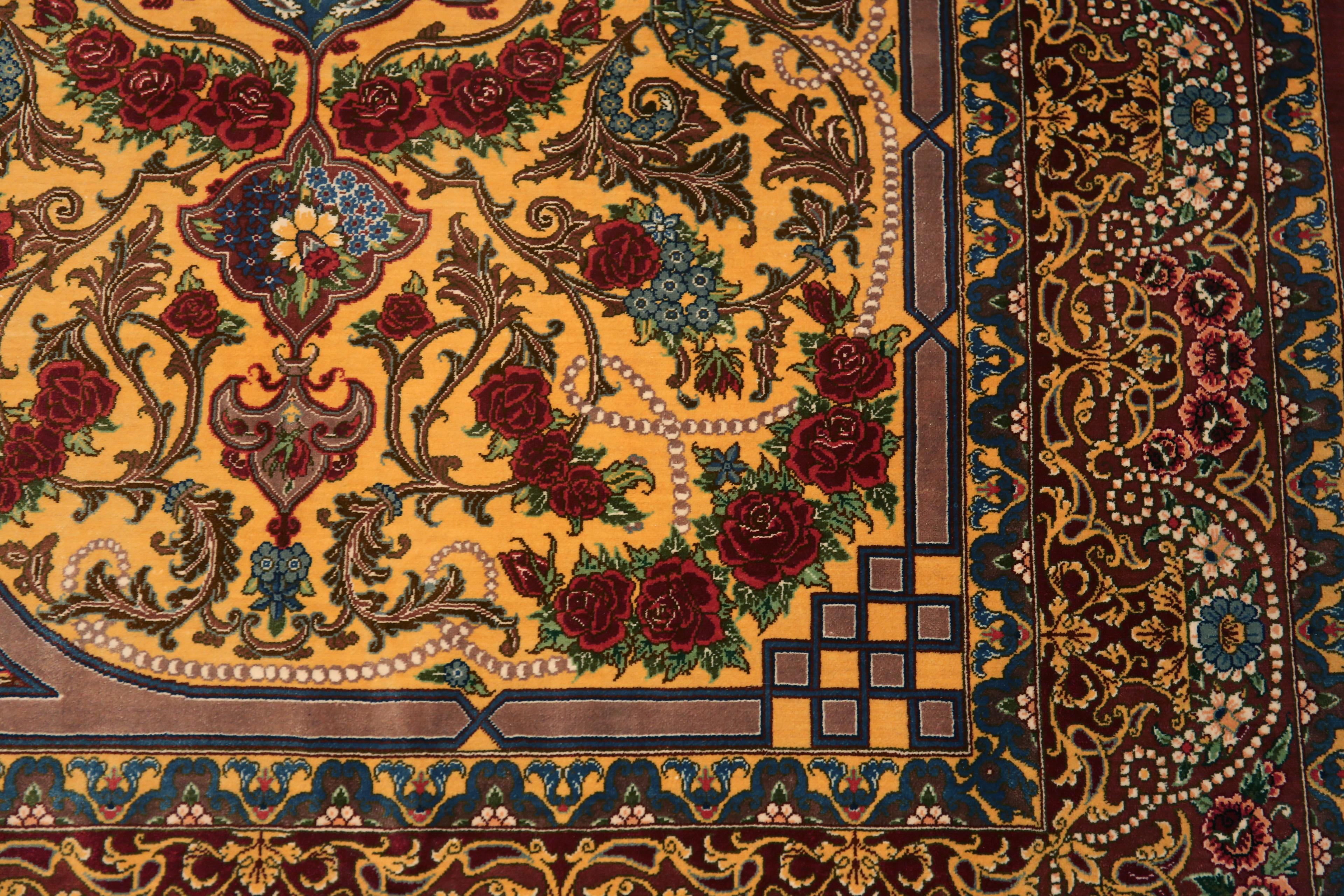 Hand-Knotted Fine Small Artistic Gold Color Luxurious Vintage Persian Silk Qum Rug 3'4