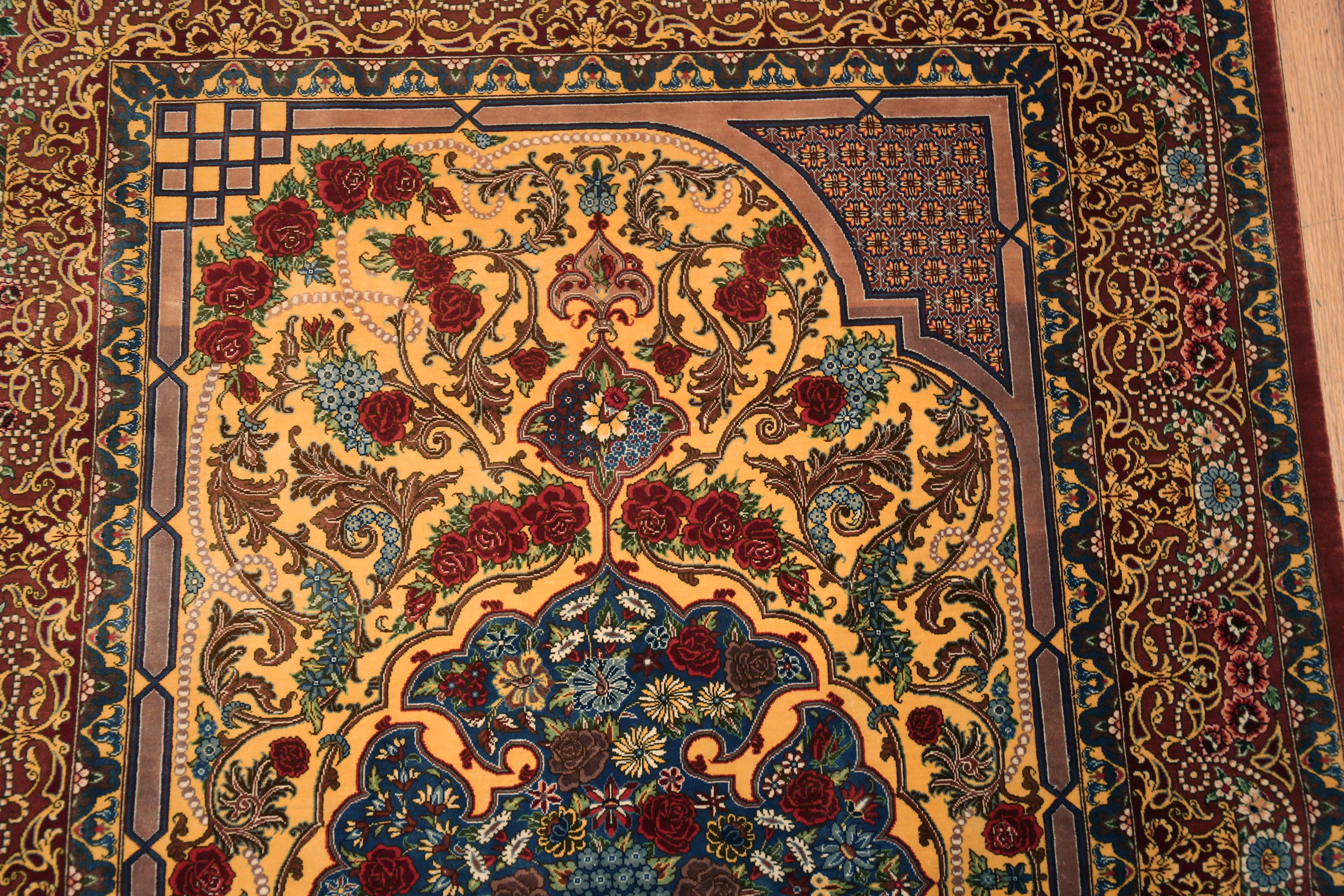 20th Century Fine Small Artistic Gold Color Luxurious Vintage Persian Silk Qum Rug 3'4