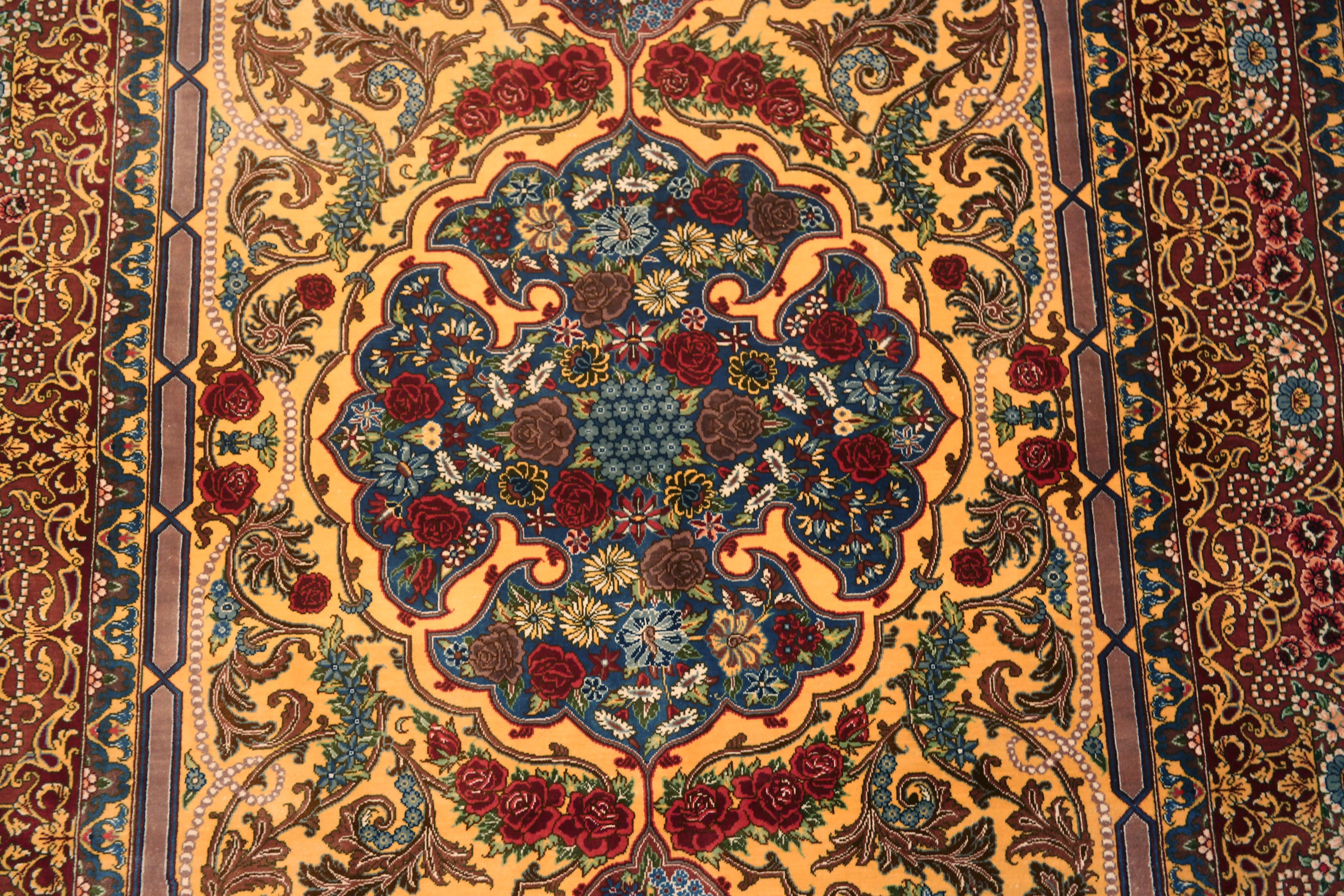 Fine Small Artistic Gold Color Luxurious Vintage Persian Silk Qum Rug 3'4