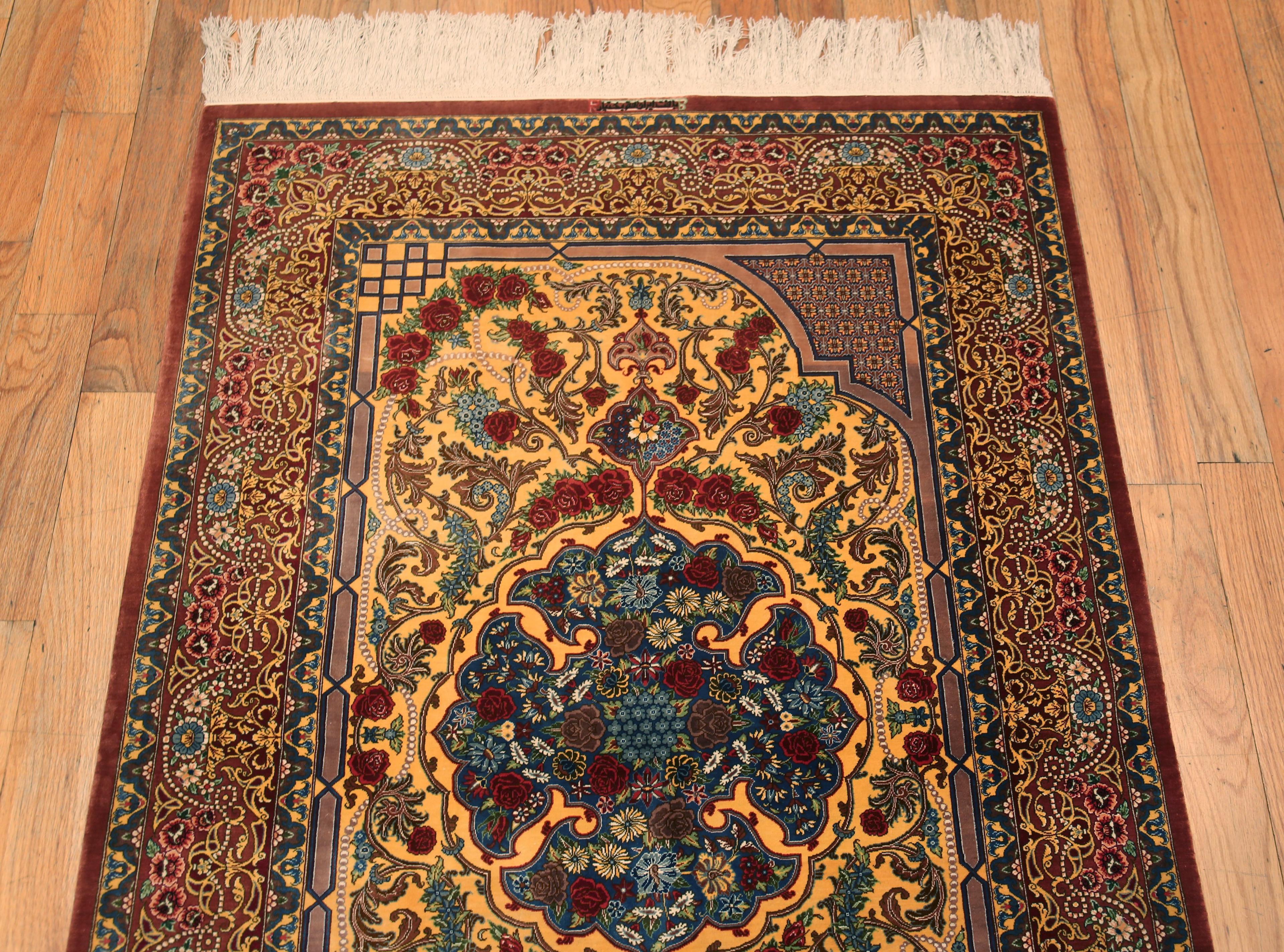 Fine Small Artistic Gold Color Luxurious Vintage Persian Silk Qum Rug 3'4