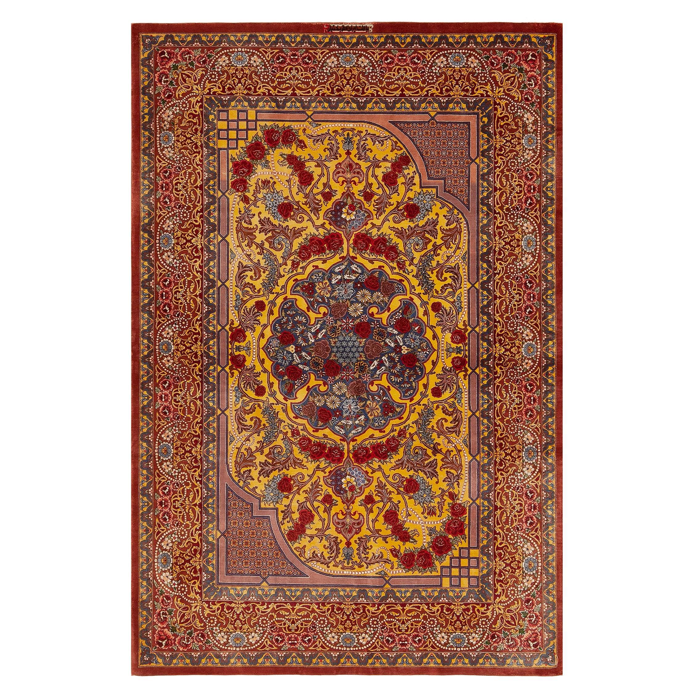 Fine Small Artistic Gold Color Luxurious Vintage Persian Silk Qum Rug 3'4" x 5' For Sale