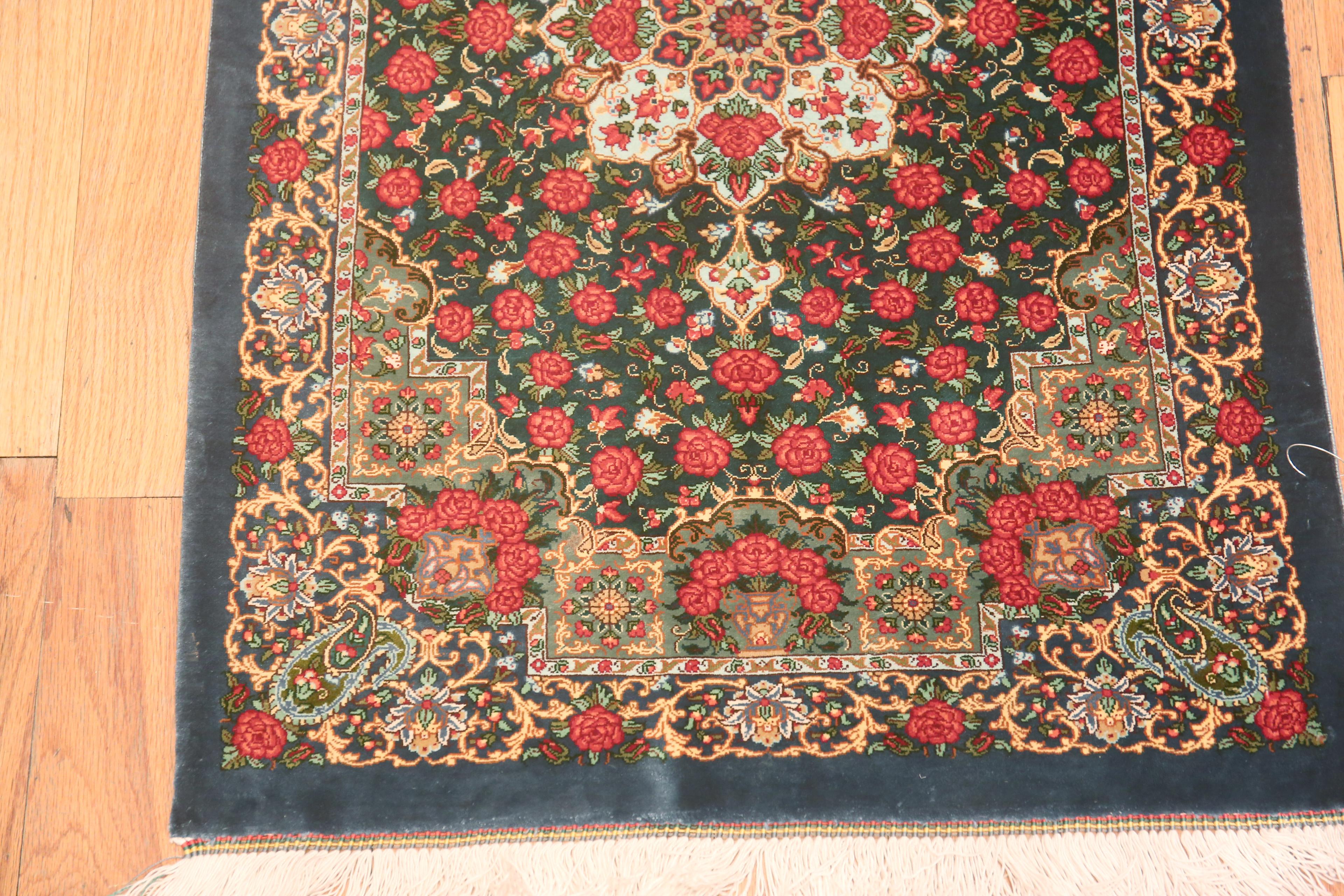 Fine Small Green Floral Vintage Persian Silk Qum Rug, country of origin: Persian Rugs, Circa date: Vintage 