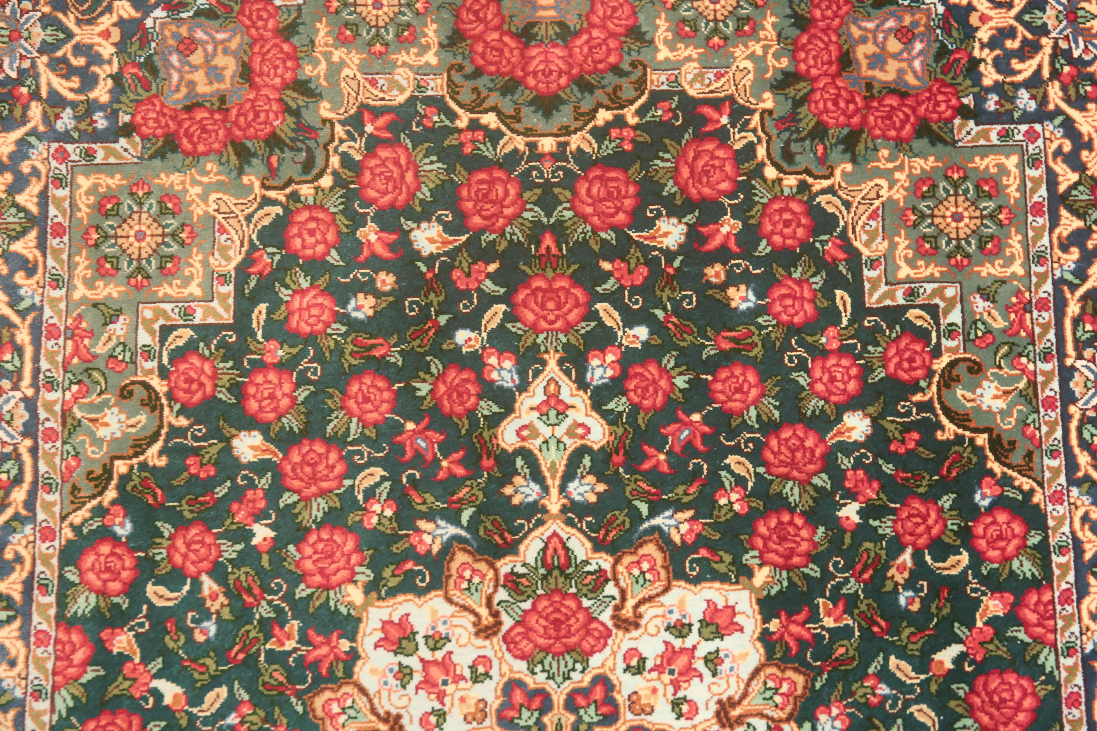 Tabriz Fine Small Green Floral Vintage Persian Silk Qum Rug 2' x 3' For Sale