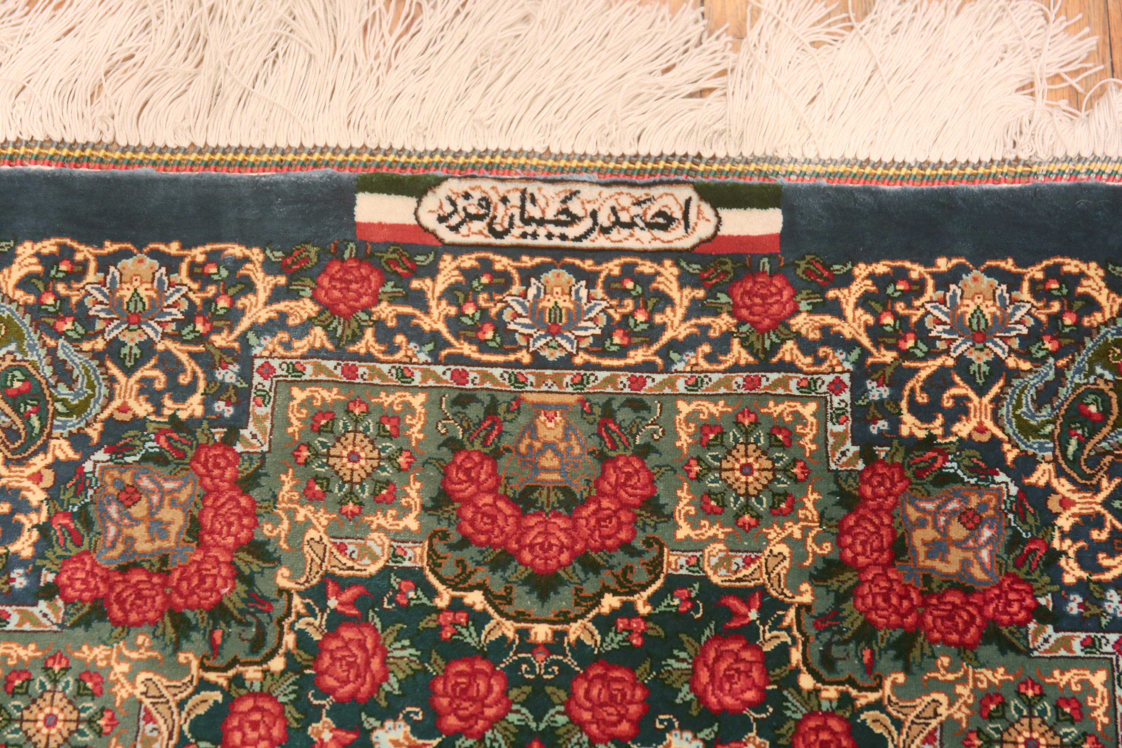 Hand-Knotted Fine Small Green Floral Vintage Persian Silk Qum Rug 2' x 3' For Sale
