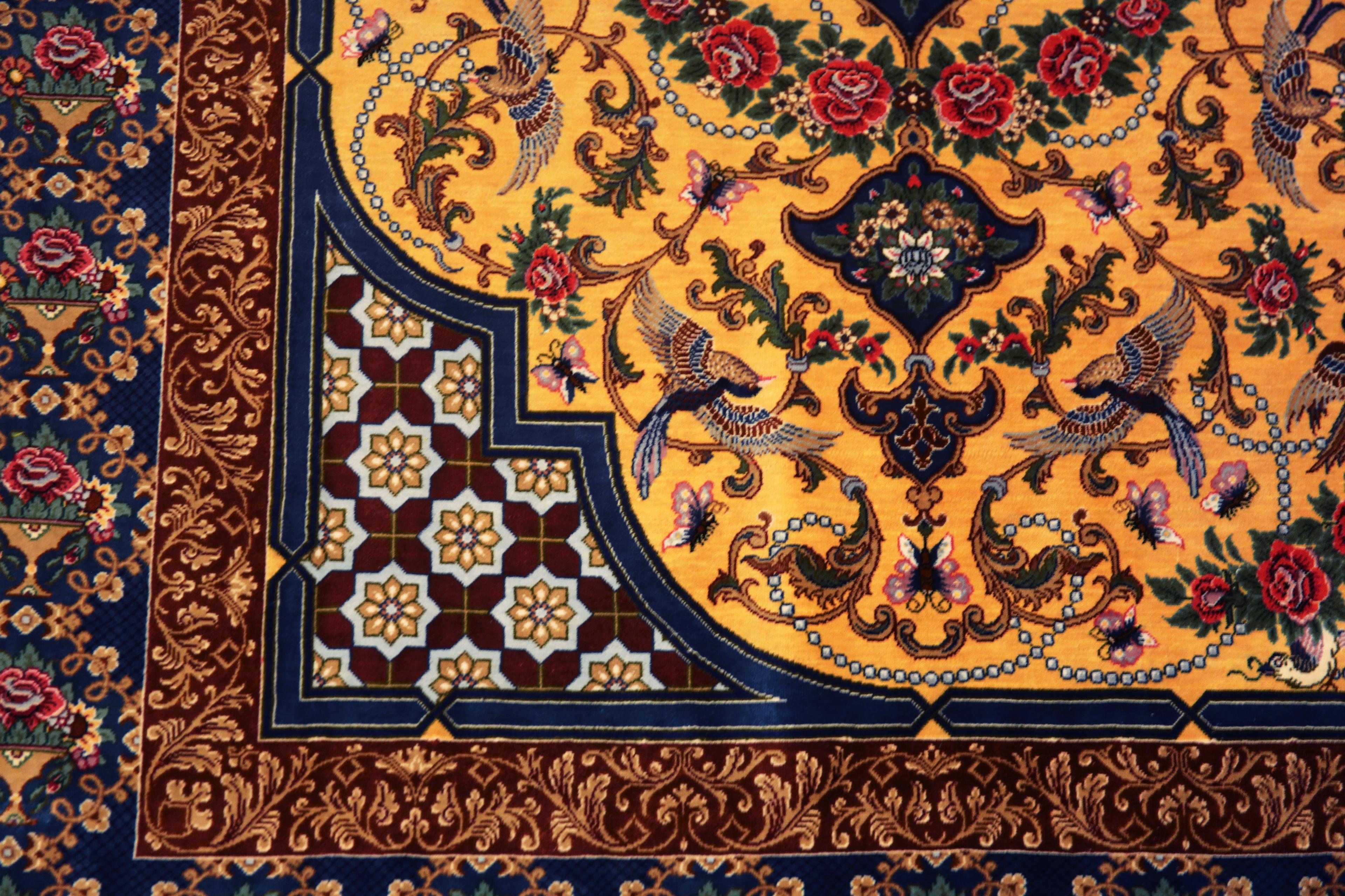 Tabriz Fine Small Luxurious Silk Pile Gold Color Vintage Persian Qum Rug 3'5