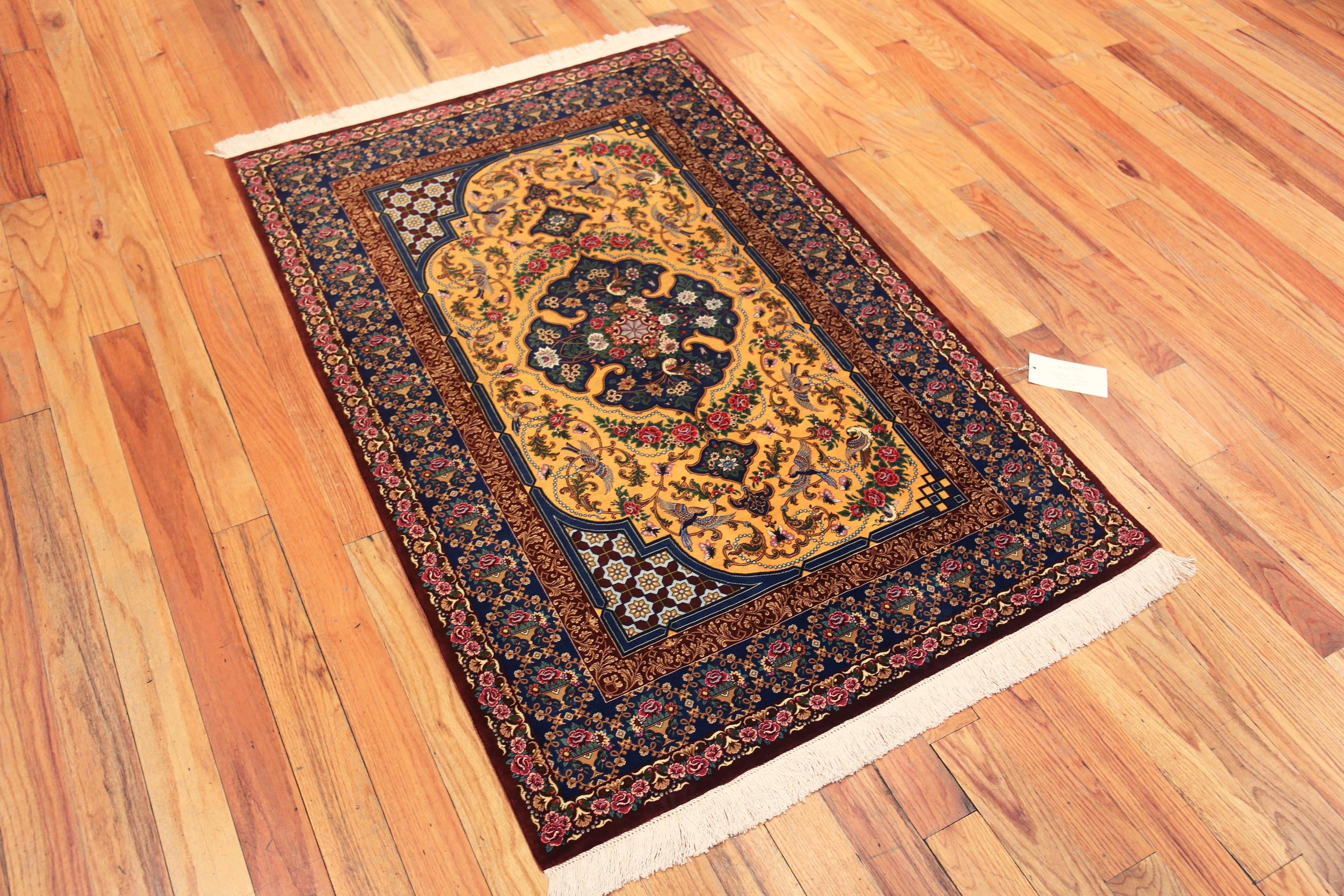 Hand-Knotted Fine Small Luxurious Silk Pile Gold Color Vintage Persian Qum Rug 3'5