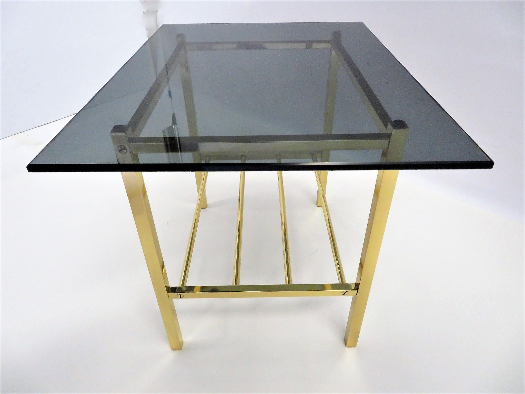 Mid-Century Modern Fine Solid Brass and Smoked Glass European Side Table