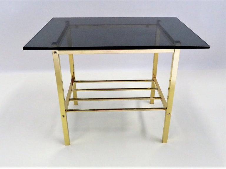 Polished Fine Solid Brass and Smoked Glass European Side Table For Sale