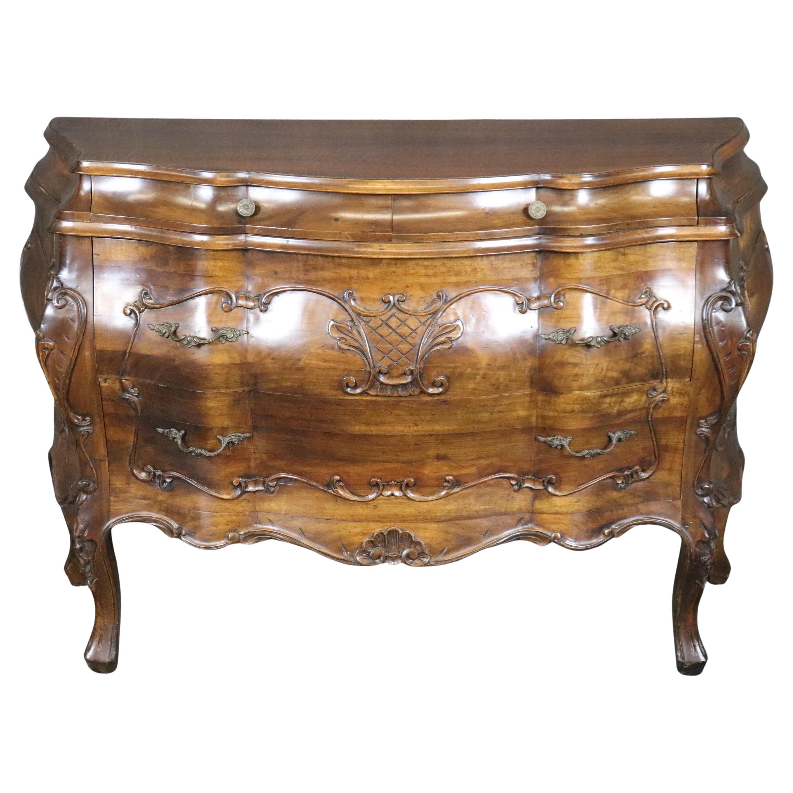 Fine Solid Walnut Bombe Form Carved Italian Louis XV Style Commode For Sale