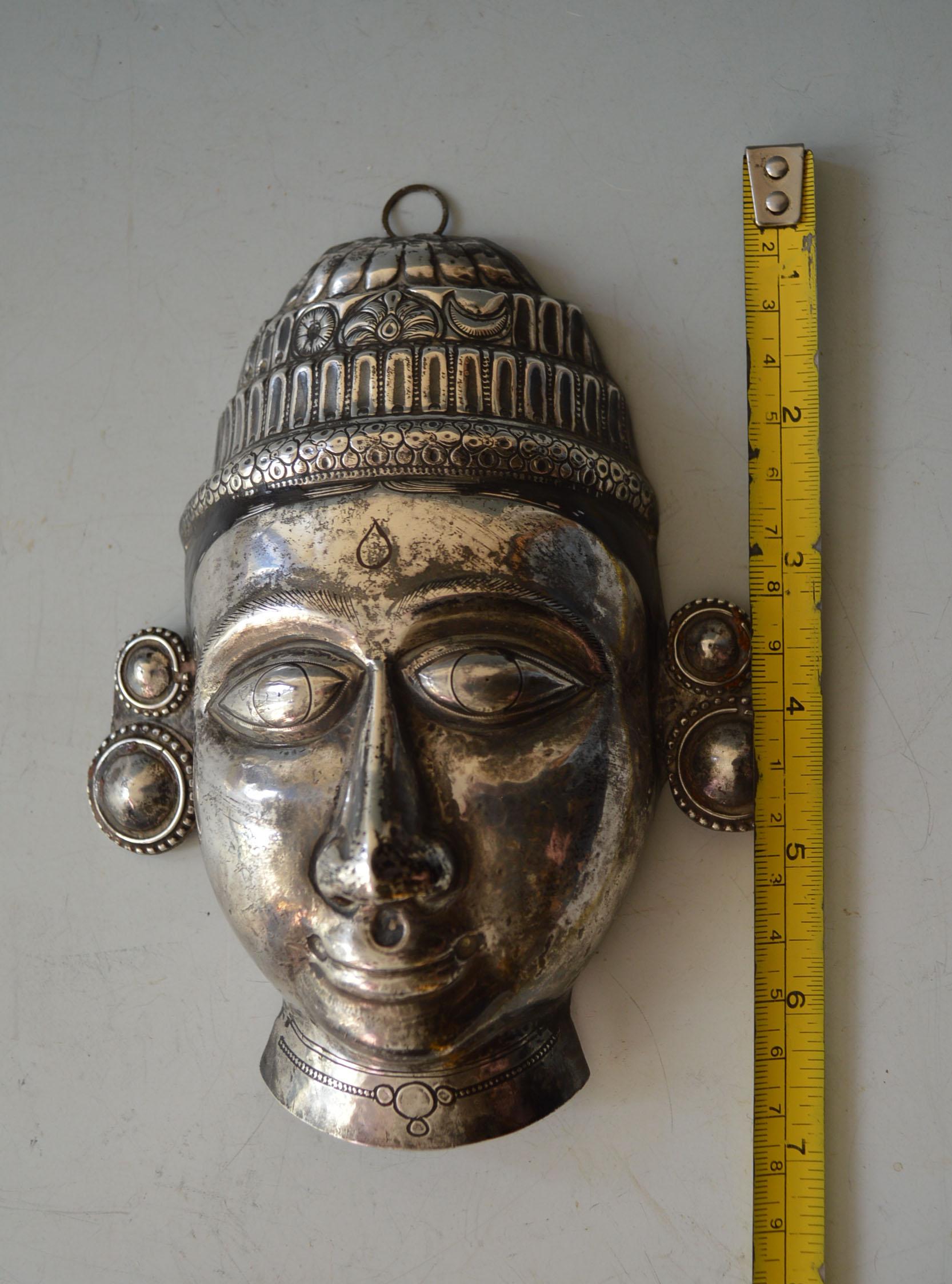 20th Century Fine South Indian Repousse Hindu God Silver Mask Shiva Antiques Asian Art