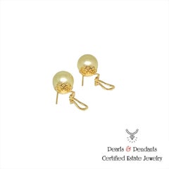 South Sea Golden Pearl Large Earrings 14k Gold 11.3 mm Certified 