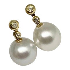 Diamond South Sea Pearl Earrings 14k Gold Women 11 mm Certified