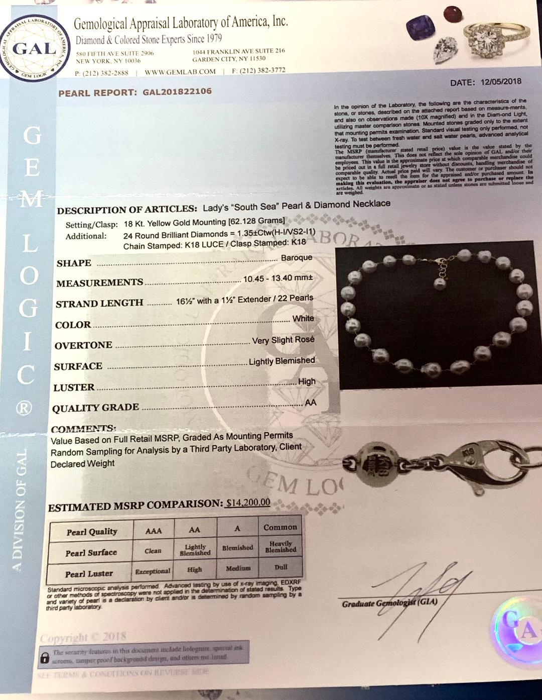 Fine South Sea Pearl Diamond 18 Karat Necklace Certified For Sale 2