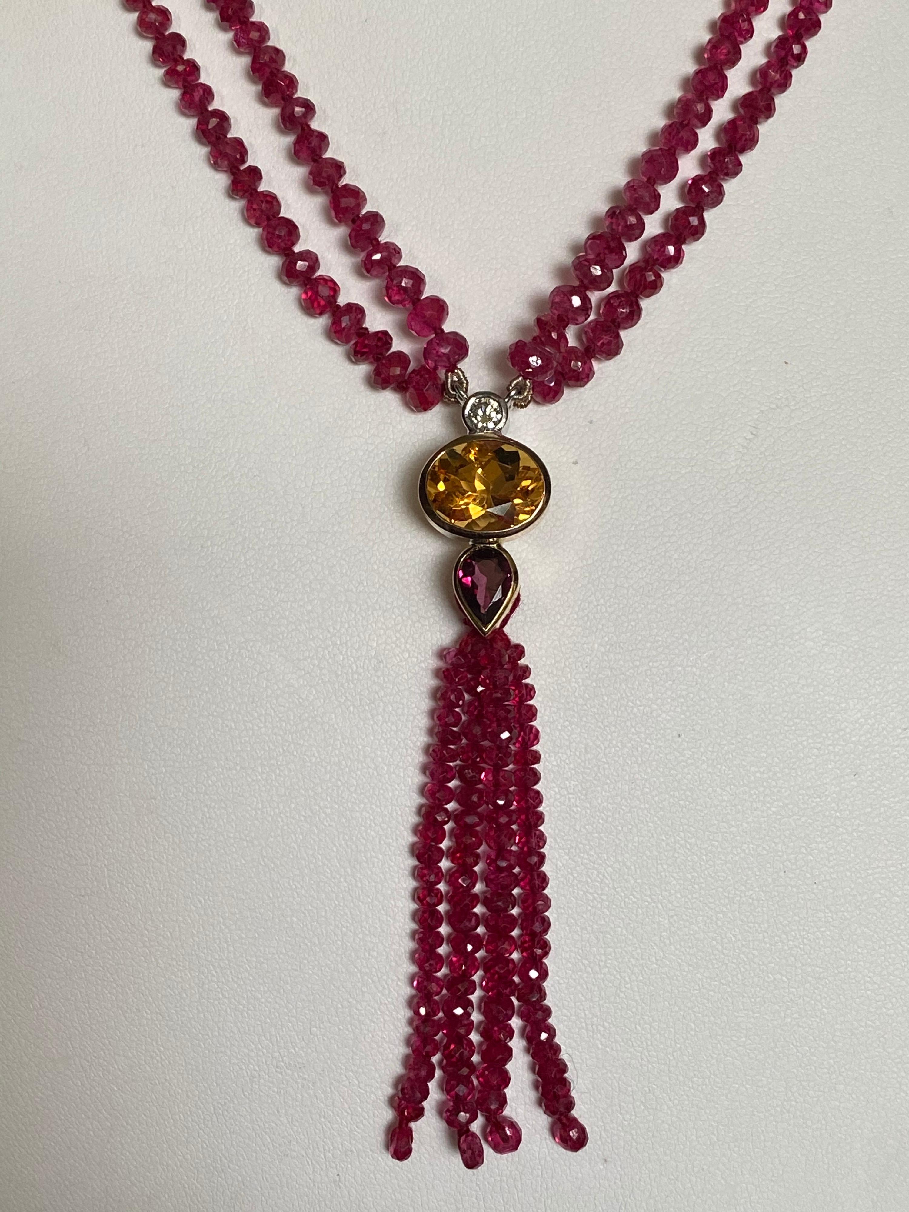 Fine Spinel Beads with Diamond, Citrine, and Garnet Bail in 18 Karat Gold In New Condition For Sale In New York, NY