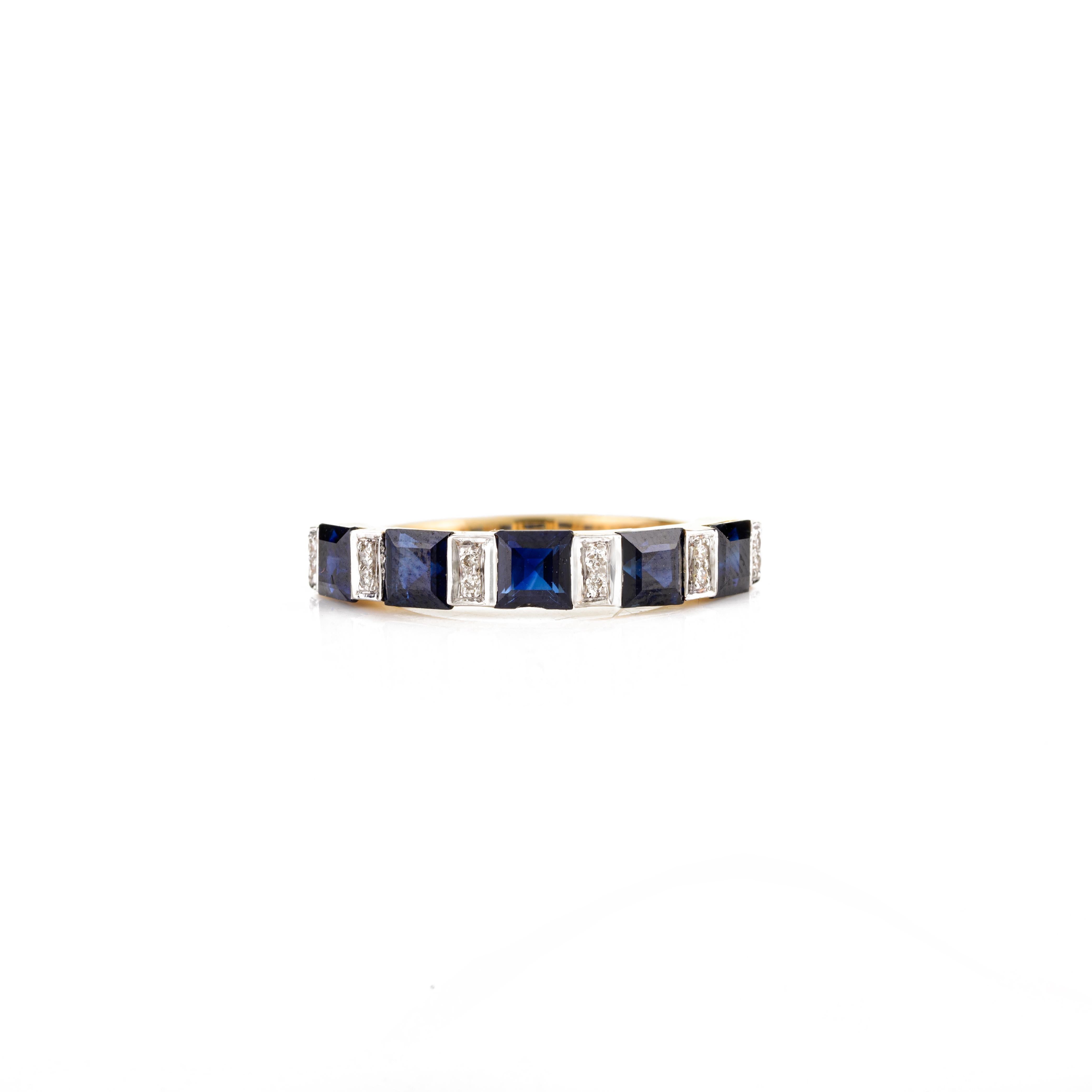 For Sale:  Fine Square Cut Blue Sapphire and Diamond Engagement Band Ring 18k Yellow Gold 2
