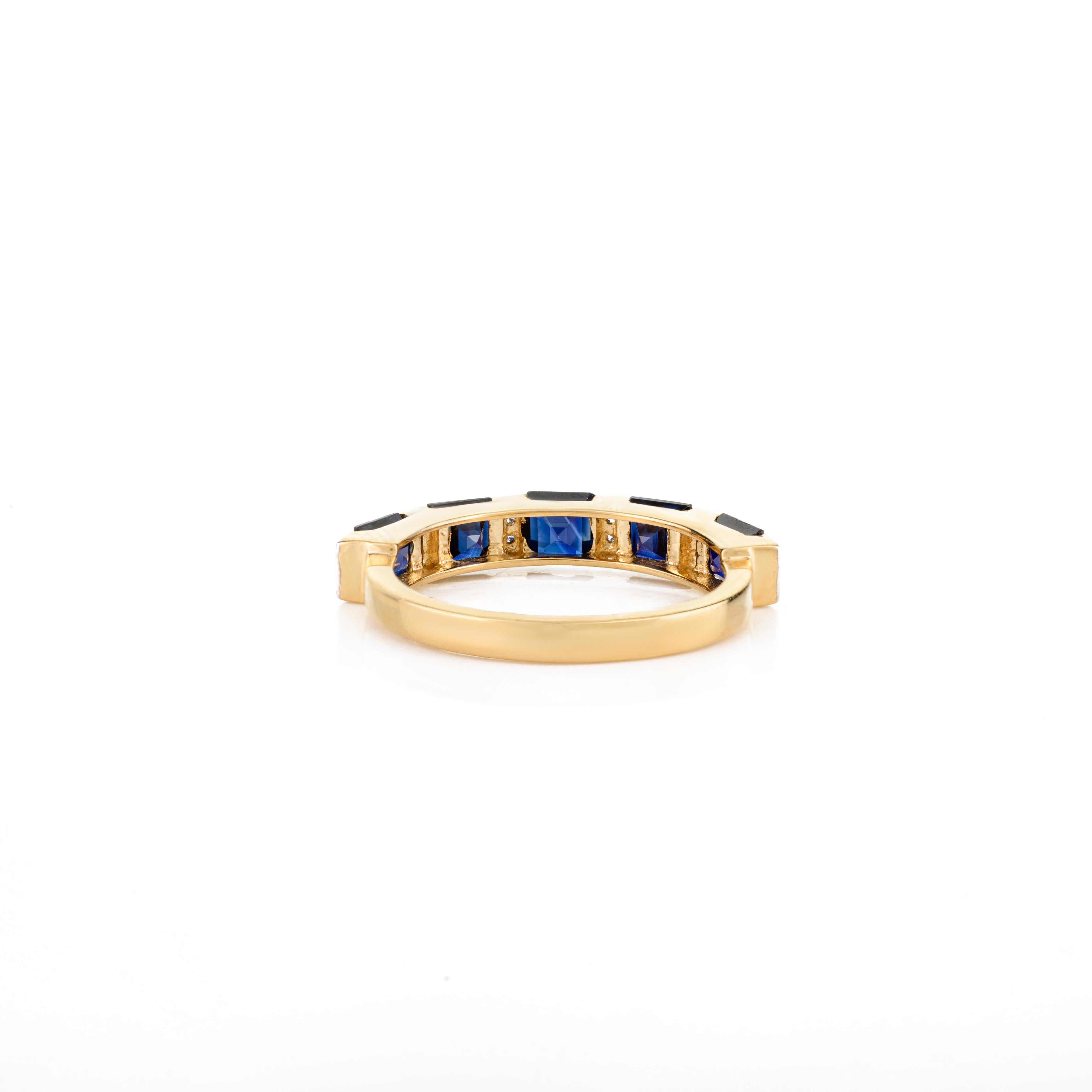 For Sale:  Fine Square Cut Blue Sapphire and Diamond Engagement Band Ring 18k Yellow Gold 3