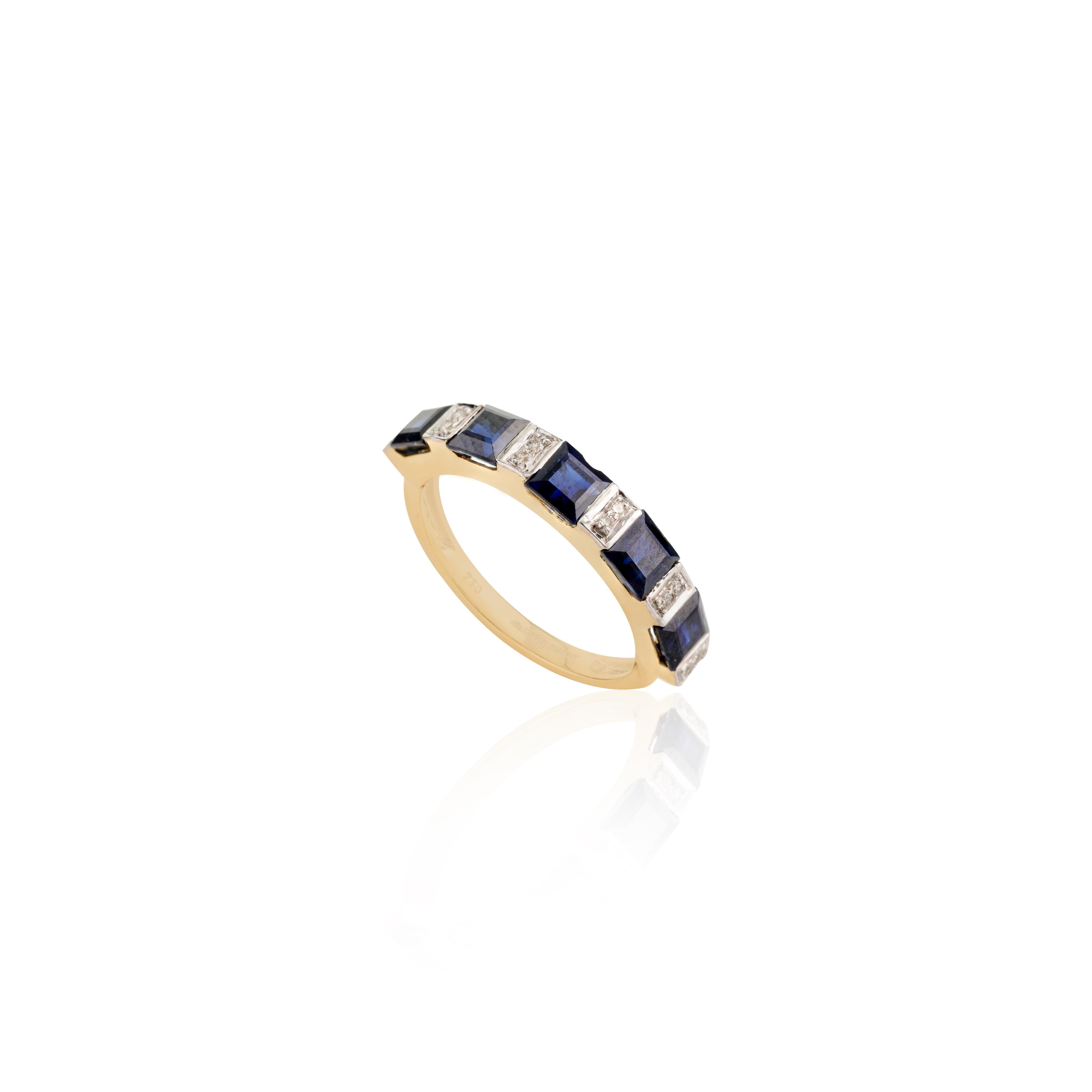 For Sale:  Fine Square Cut Blue Sapphire and Diamond Engagement Band Ring 18k Yellow Gold 4