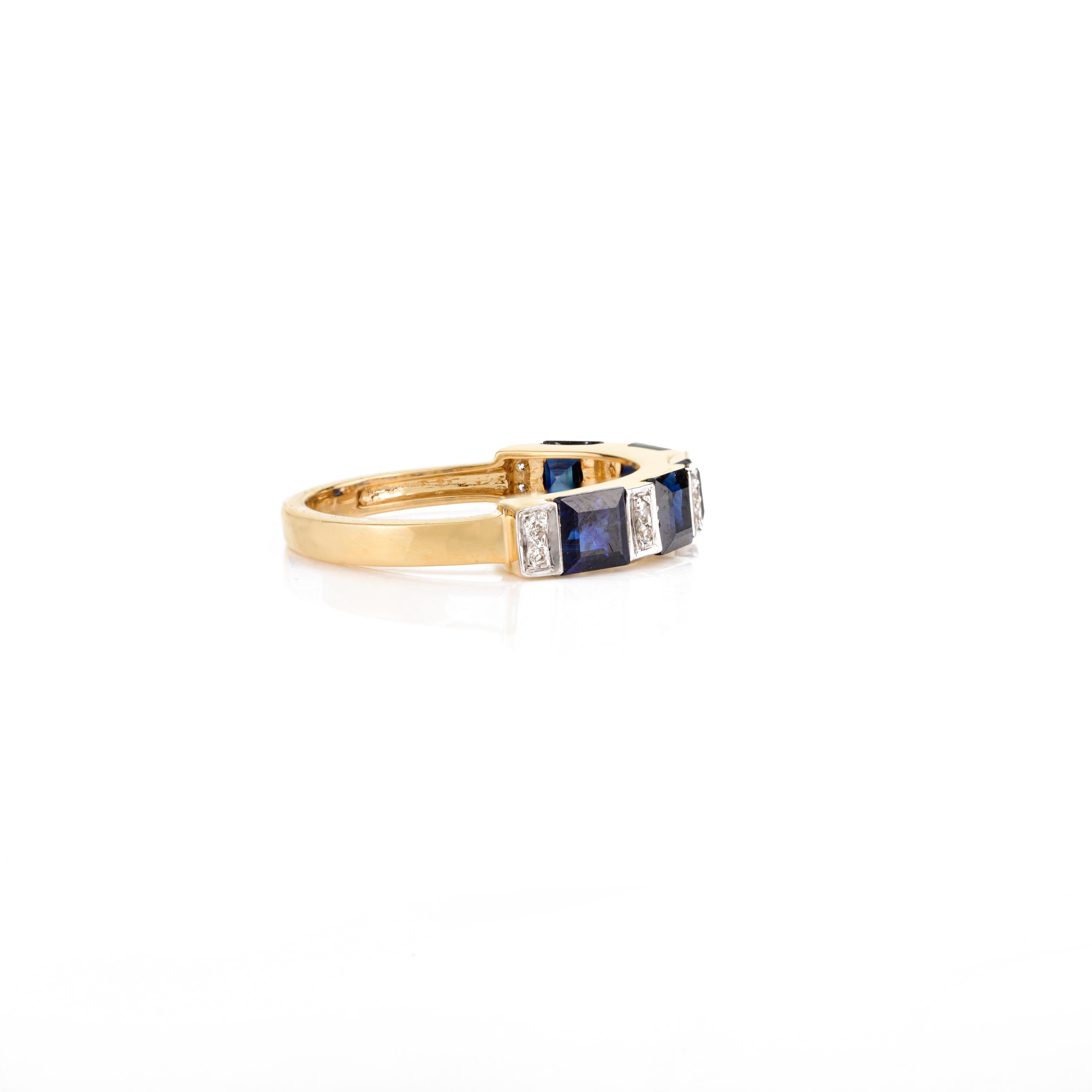 For Sale:  Fine Square Cut Blue Sapphire and Diamond Engagement Band Ring 18k Yellow Gold 5