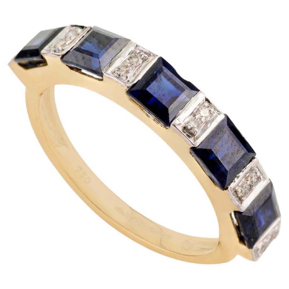 For Sale:  Fine Square Cut Blue Sapphire and Diamond Engagement Band Ring 18k Yellow Gold