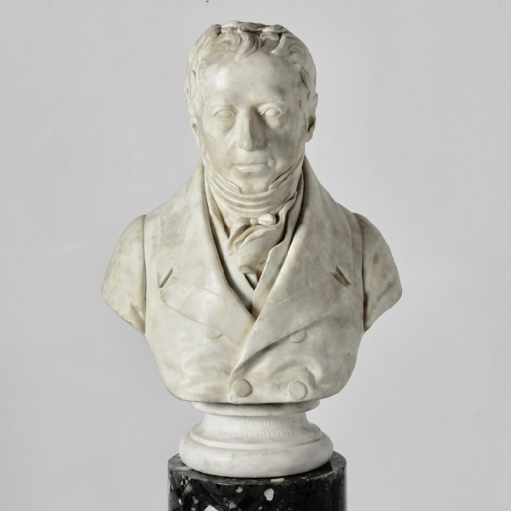 A fine white marble bust of James Montgomery, the socle inscribed JAMES MONTGOMERY BORN 1771 DIED 1854 and signed on the back EDWIN SMITH Sc 1843, beautifully carved with great detail and depth.

Edwin Smith was born in Sheffield and studied at