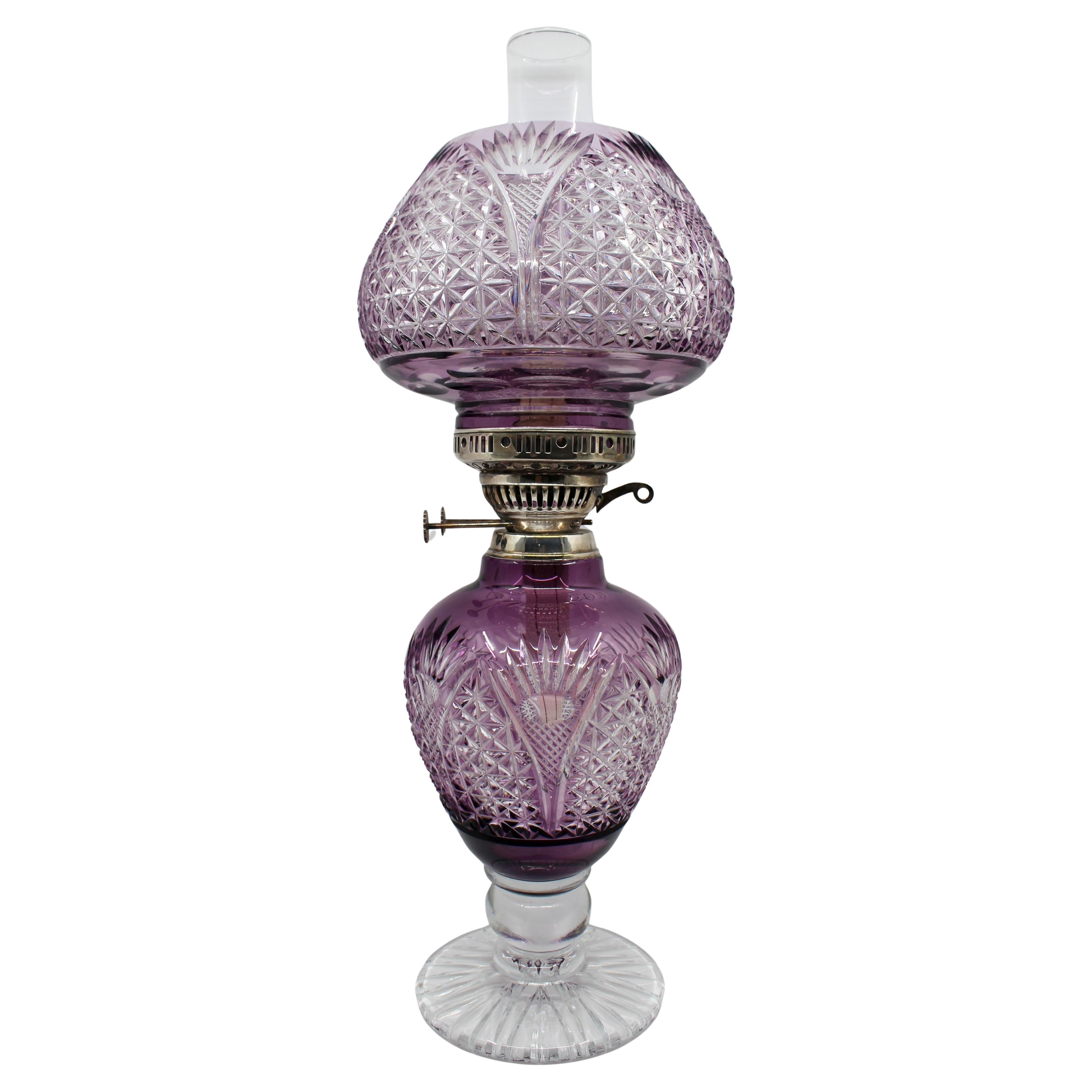 Fine Stourbridge Amethyst Overlay Cut Crystal Oil Lamp