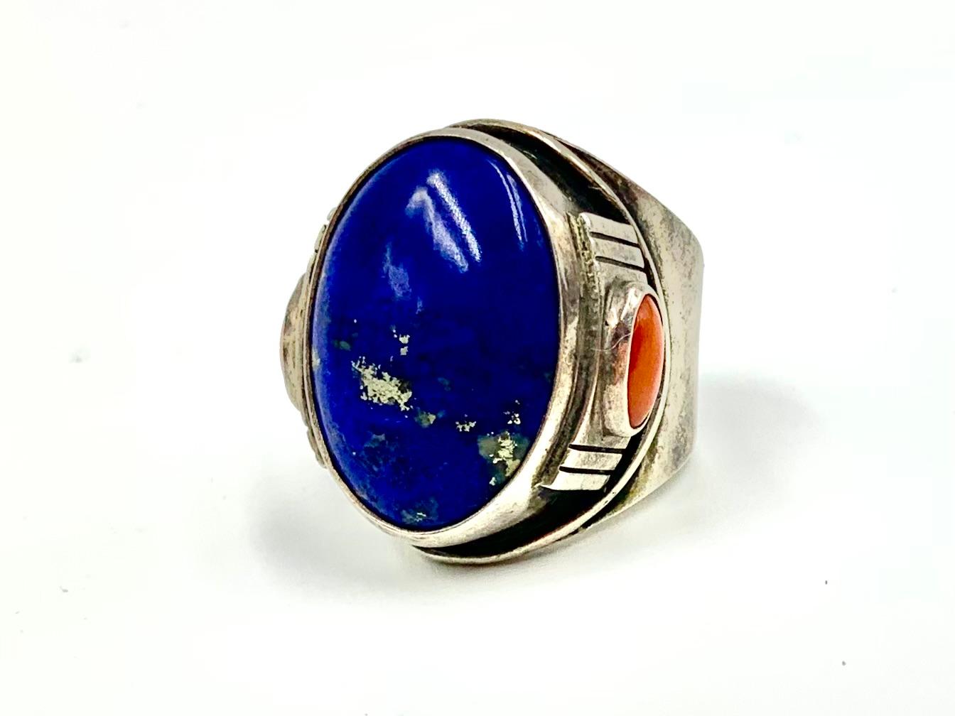 Fine Substantial Native American Lapis Red Coral Sterling Silver Statement Ring For Sale 5