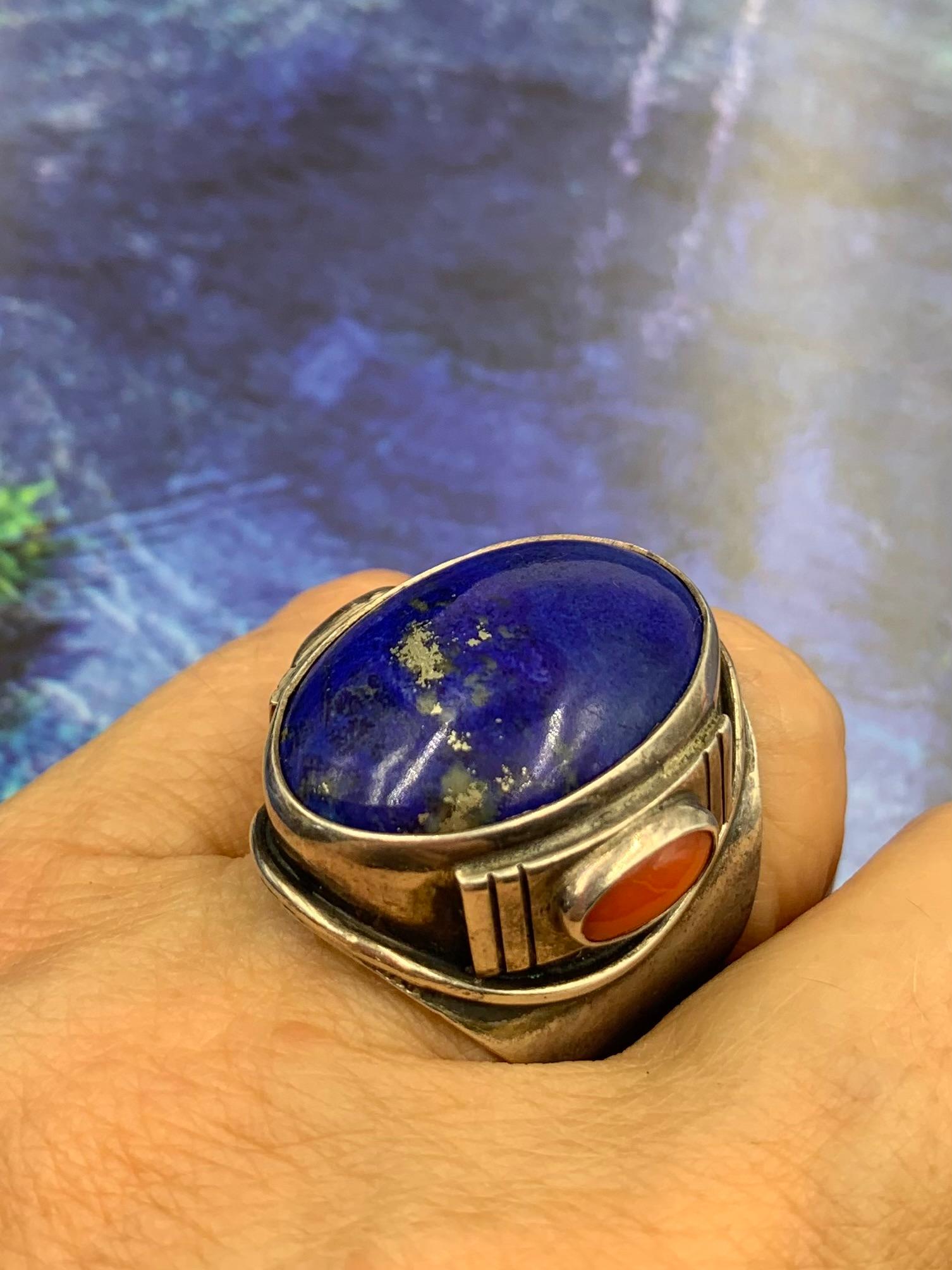 Fine Substantial Native American Lapis Red Coral Sterling Silver Statement Ring For Sale 6