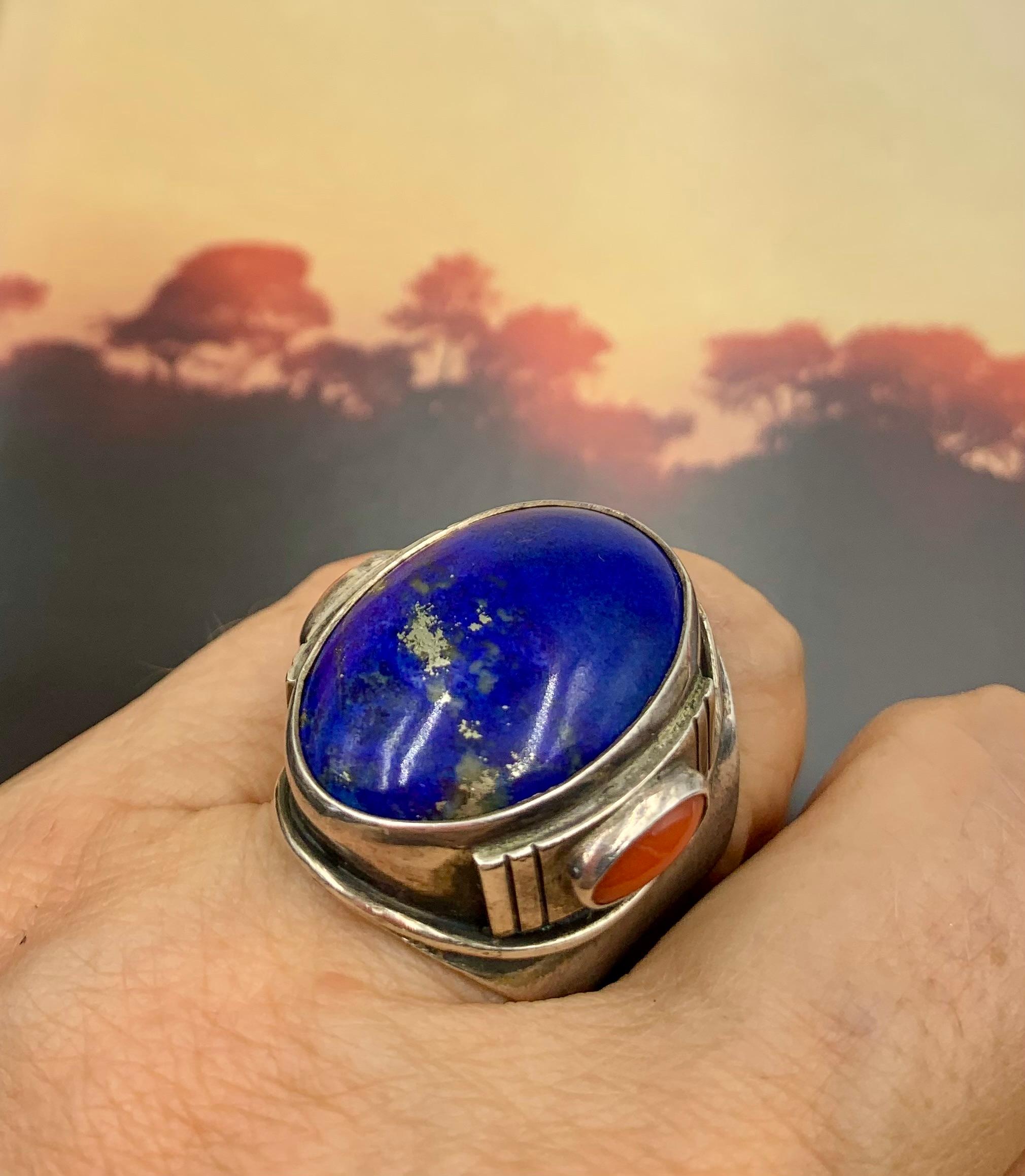 Cabochon Fine Substantial Native American Lapis Red Coral Sterling Silver Statement Ring For Sale