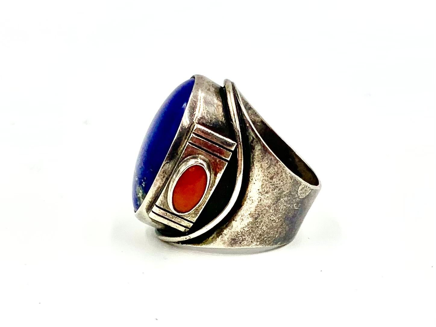 Women's or Men's Fine Substantial Native American Lapis Red Coral Sterling Silver Statement Ring For Sale
