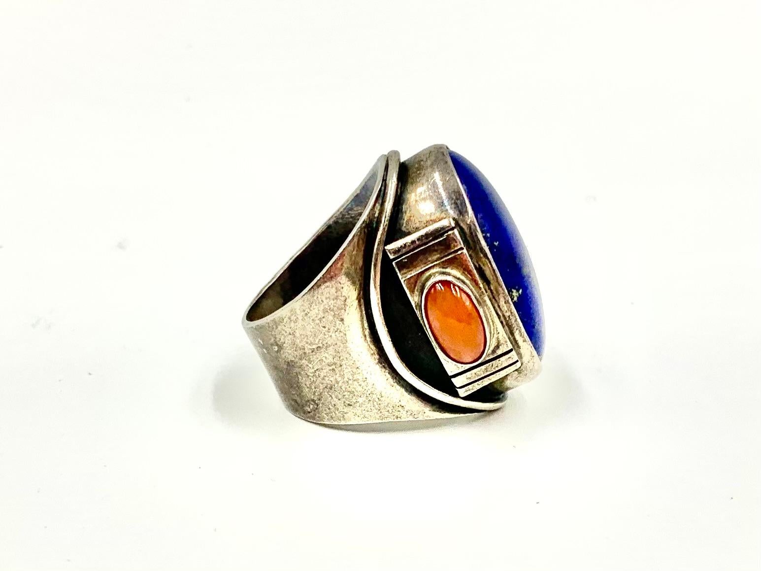 Fine Substantial Native American Lapis Red Coral Sterling Silver Statement Ring For Sale 2