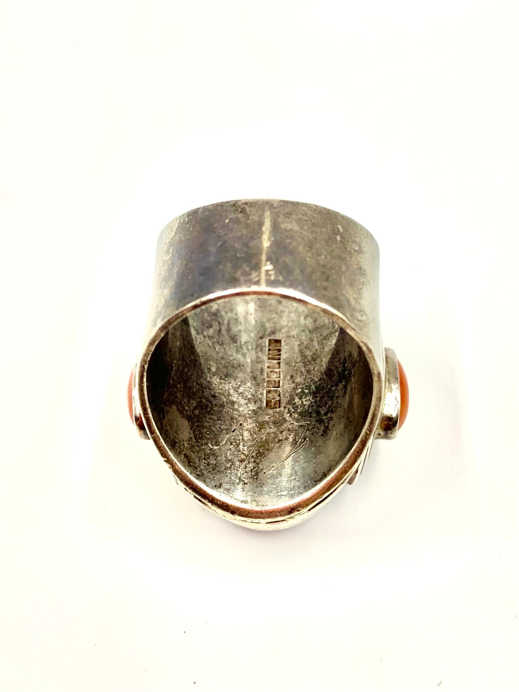 Fine Substantial Native American Lapis Red Coral Sterling Silver Statement Ring For Sale 3