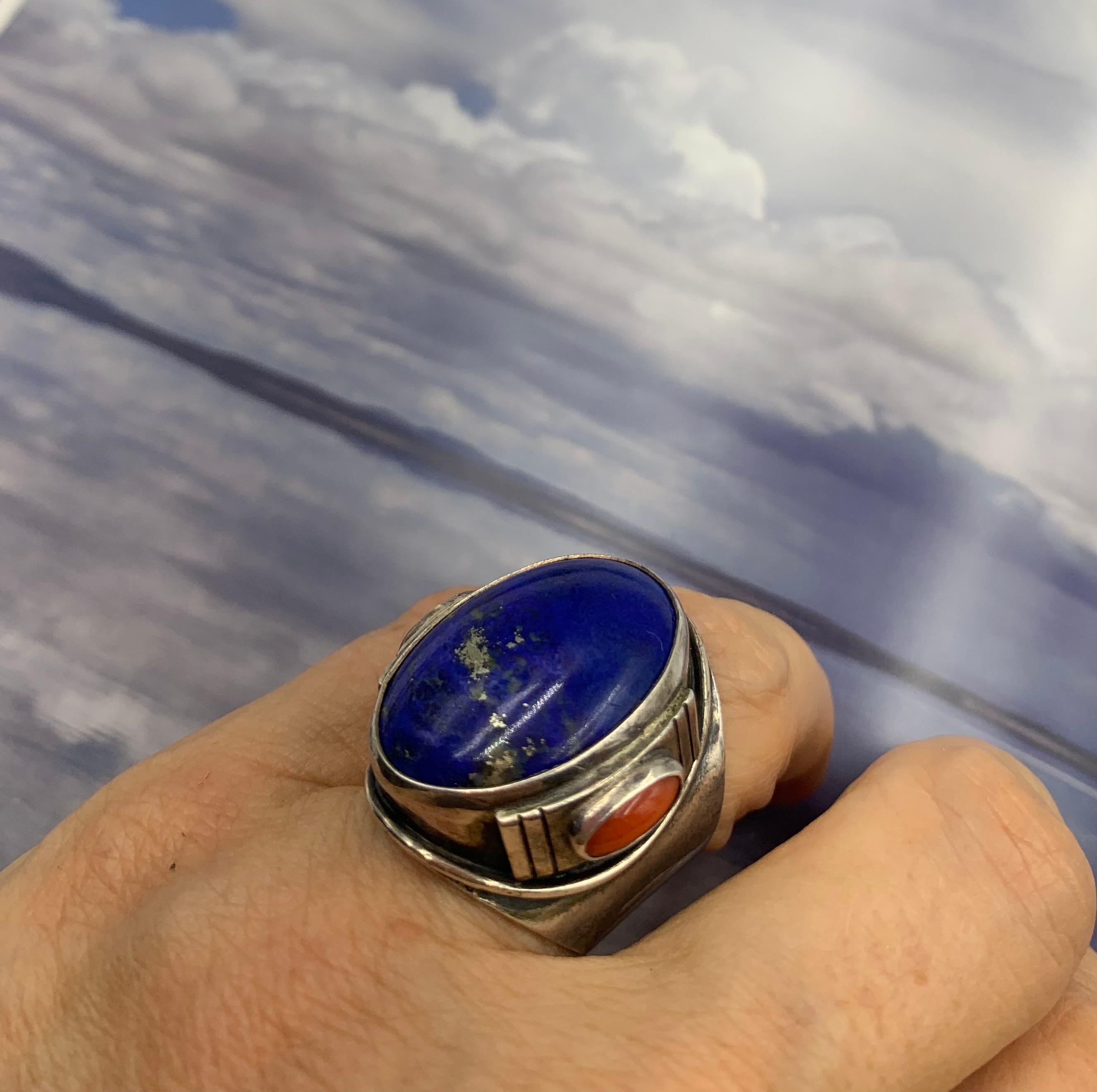 Fine Substantial Native American Lapis Red Coral Sterling Silver Statement Ring For Sale 4