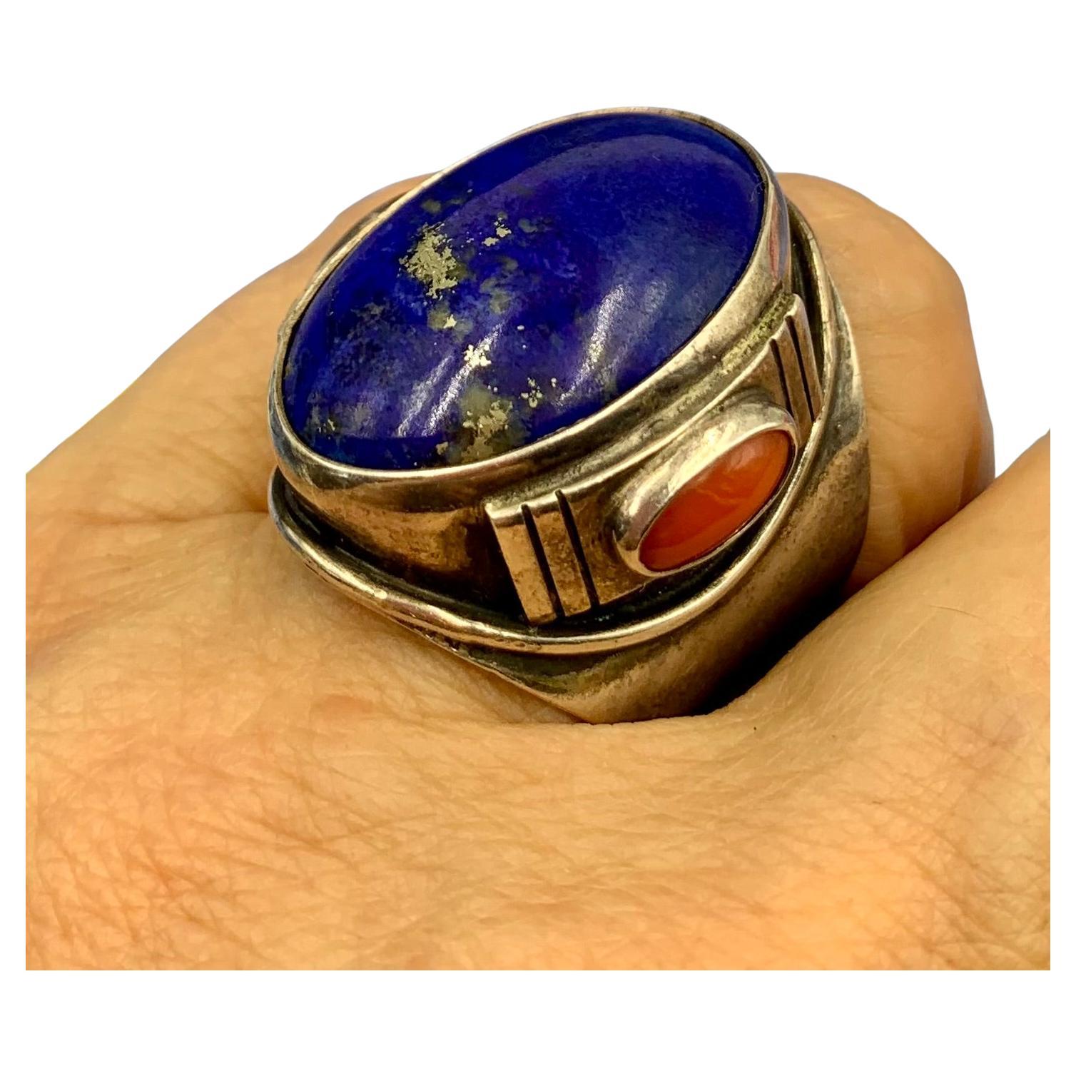 Fine Substantial Native American Lapis Red Coral Sterling Silver Statement Ring For Sale