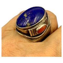 Fine Substantial Native American Lapis Red Coral Sterling Silver Statement Ring