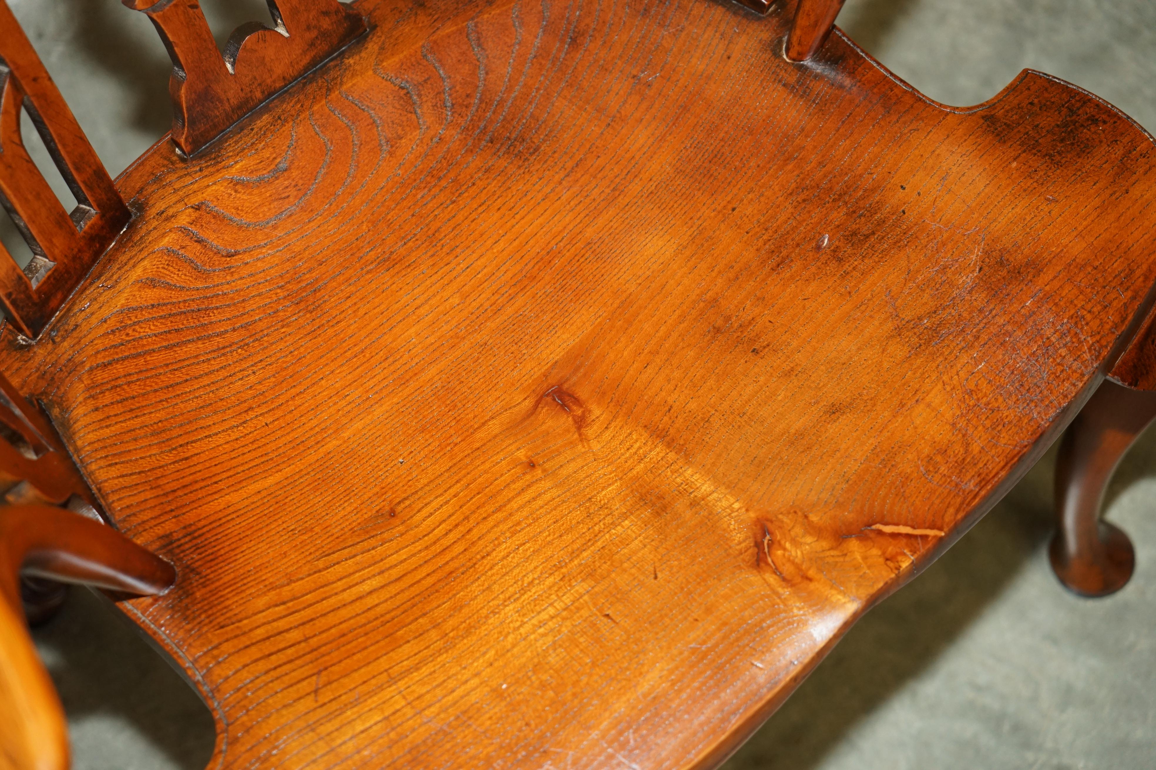 FINE SUITE OF FOUR VINTAGE GOTHIC WINDSOR STEEPLE BACK BURR YEW & ELM ARMCHAIRs For Sale 3