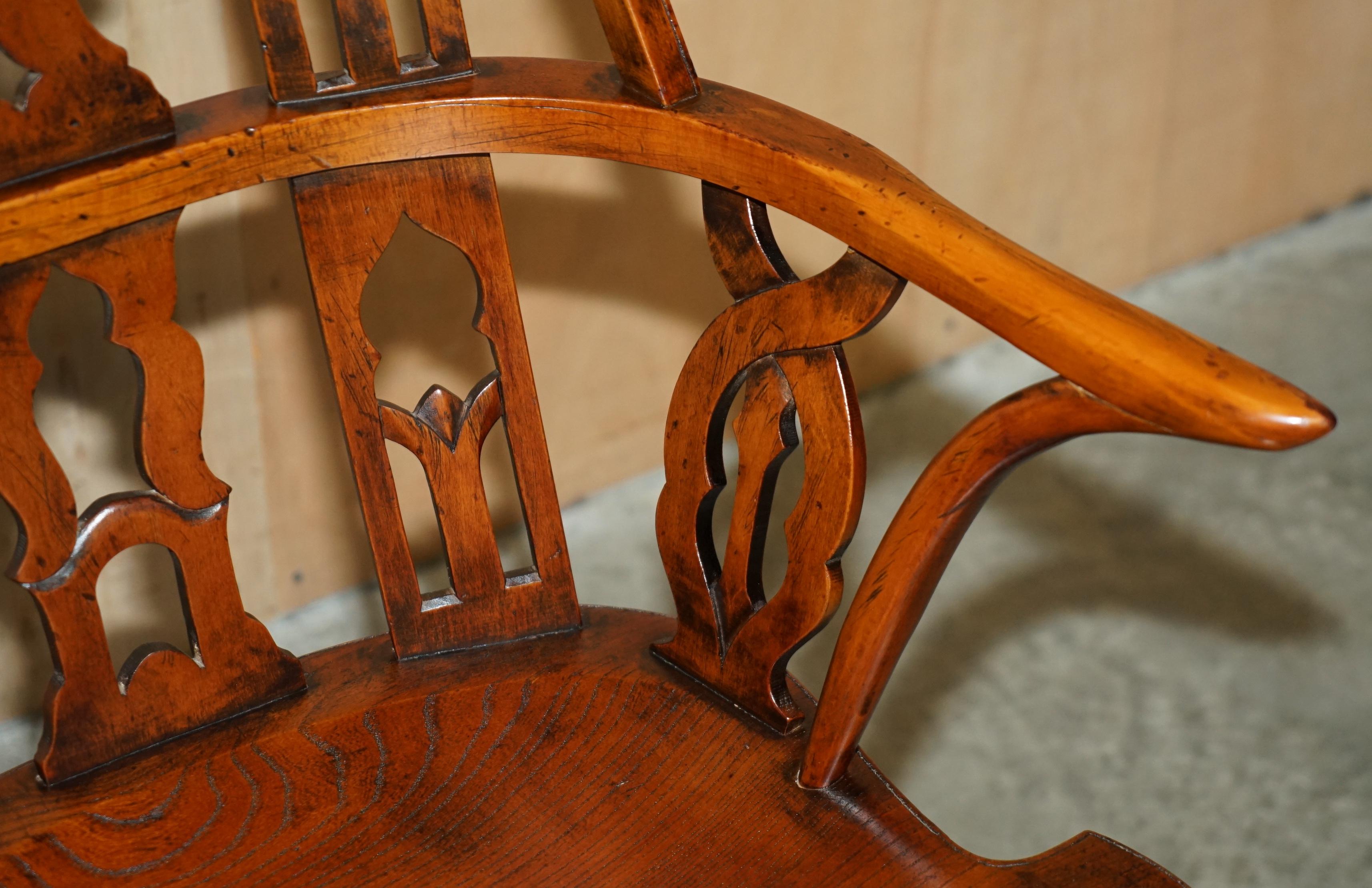 FINE SUITE OF FOUR VINTAGE GOTHIC WINDSOR STEEPLE BACK BURR YEW & ELM ARMCHAIRs For Sale 4