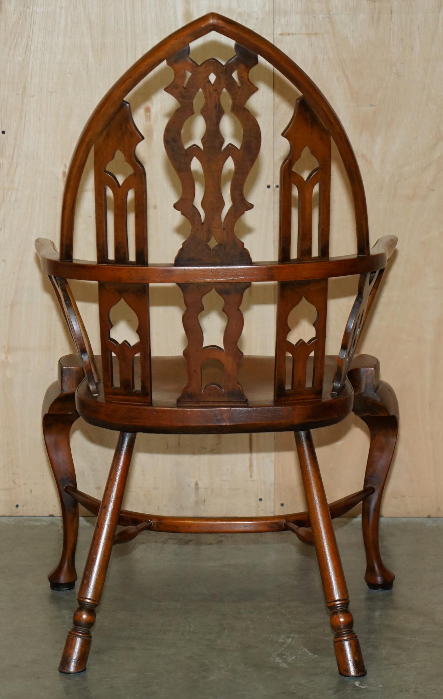 FINE SUITE OF FOUR VINTAGE GOTHIC WINDSOR STEEPLE BACK BURR YEW & ELM ARMCHAIRs For Sale 10