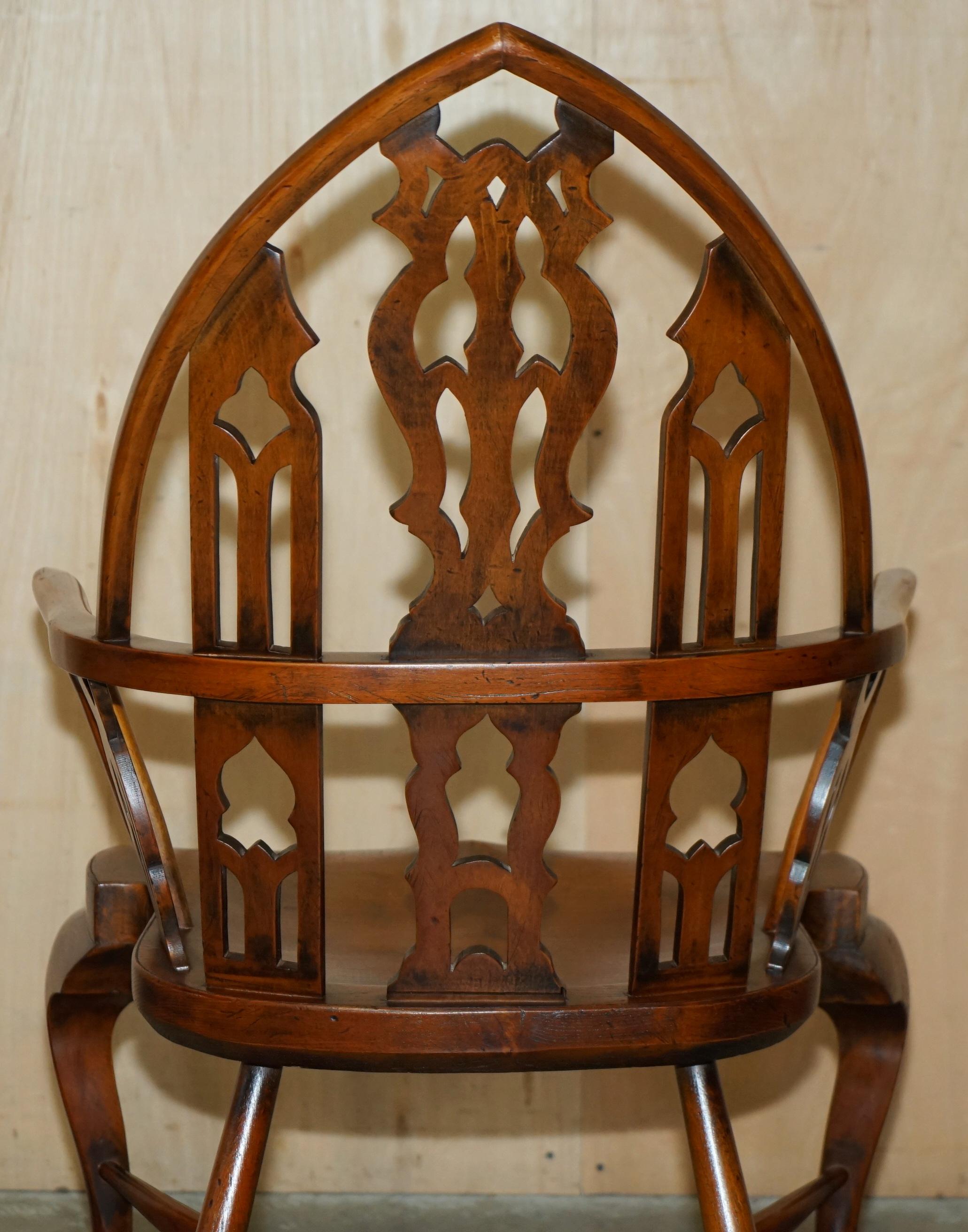 FINE SUITE OF FOUR VINTAGE GOTHIC WINDSOR STEEPLE BACK BURR YEW & ELM ARMCHAIRs For Sale 11